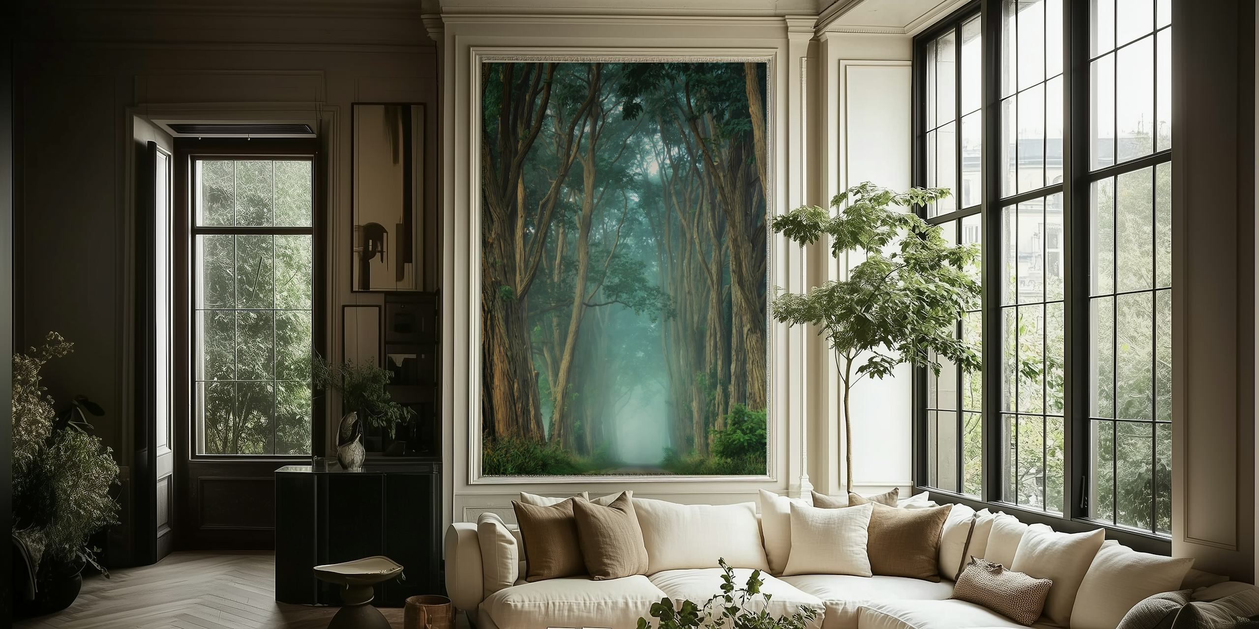 Forest path with tall trees and misty background wallpaper