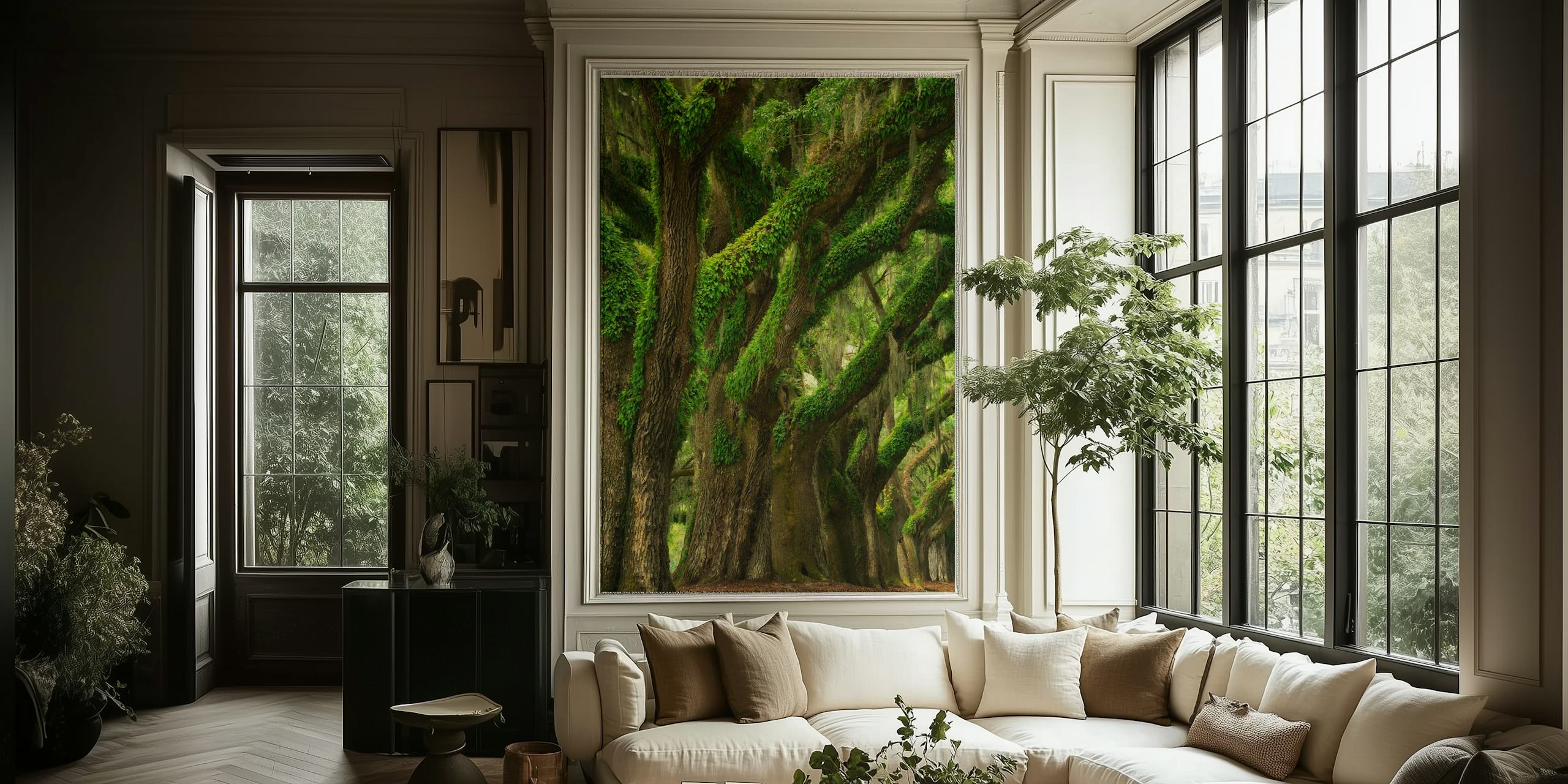 Lush green trees with thick foliage and textured bark wallpaper