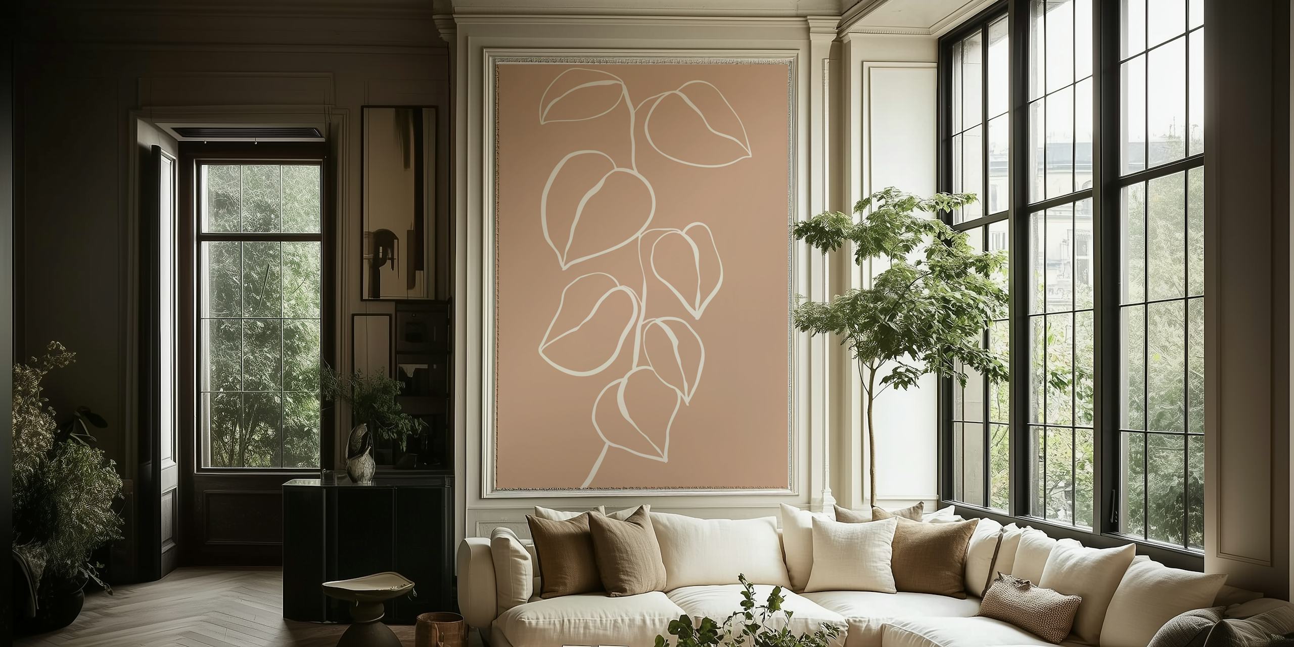 Elegant botanical leaves wallpaper in a room.