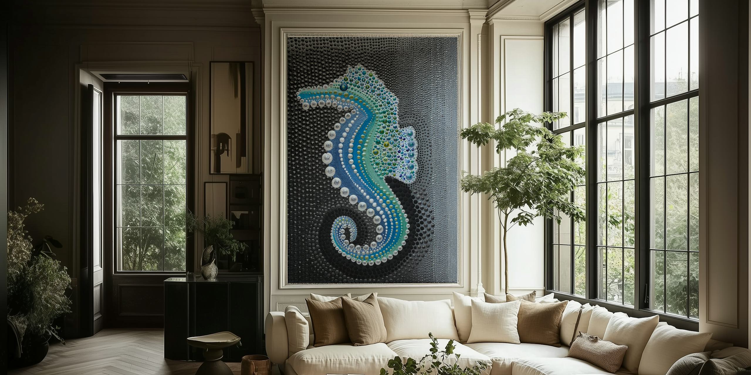 Colorful seahorse illustration with beads on dark background wallpaper