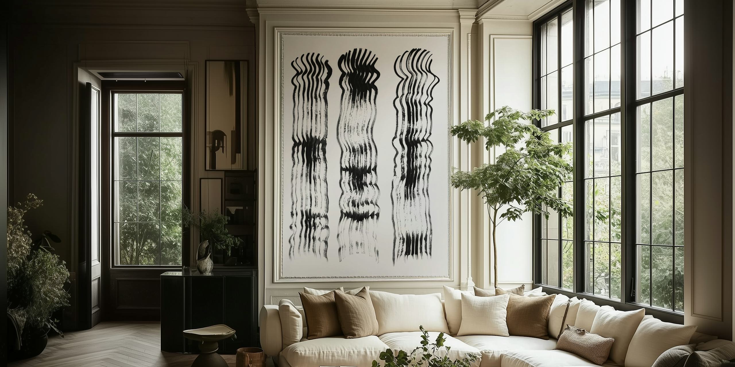 Ταπετσαρία Abstract Black Strokes σε ένα δωμάτιο