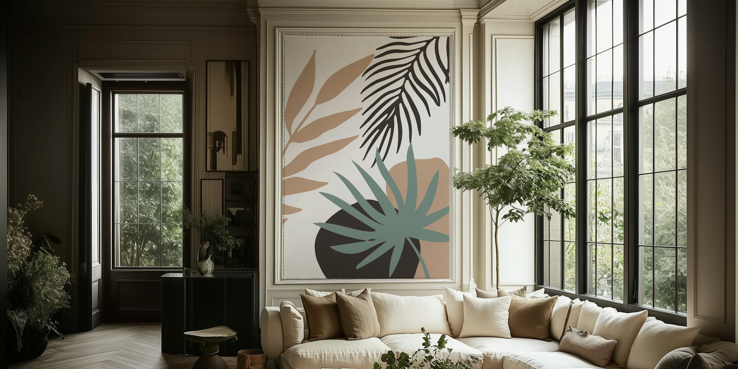 Abstract modern leaves in green, black, and beige wallpaper