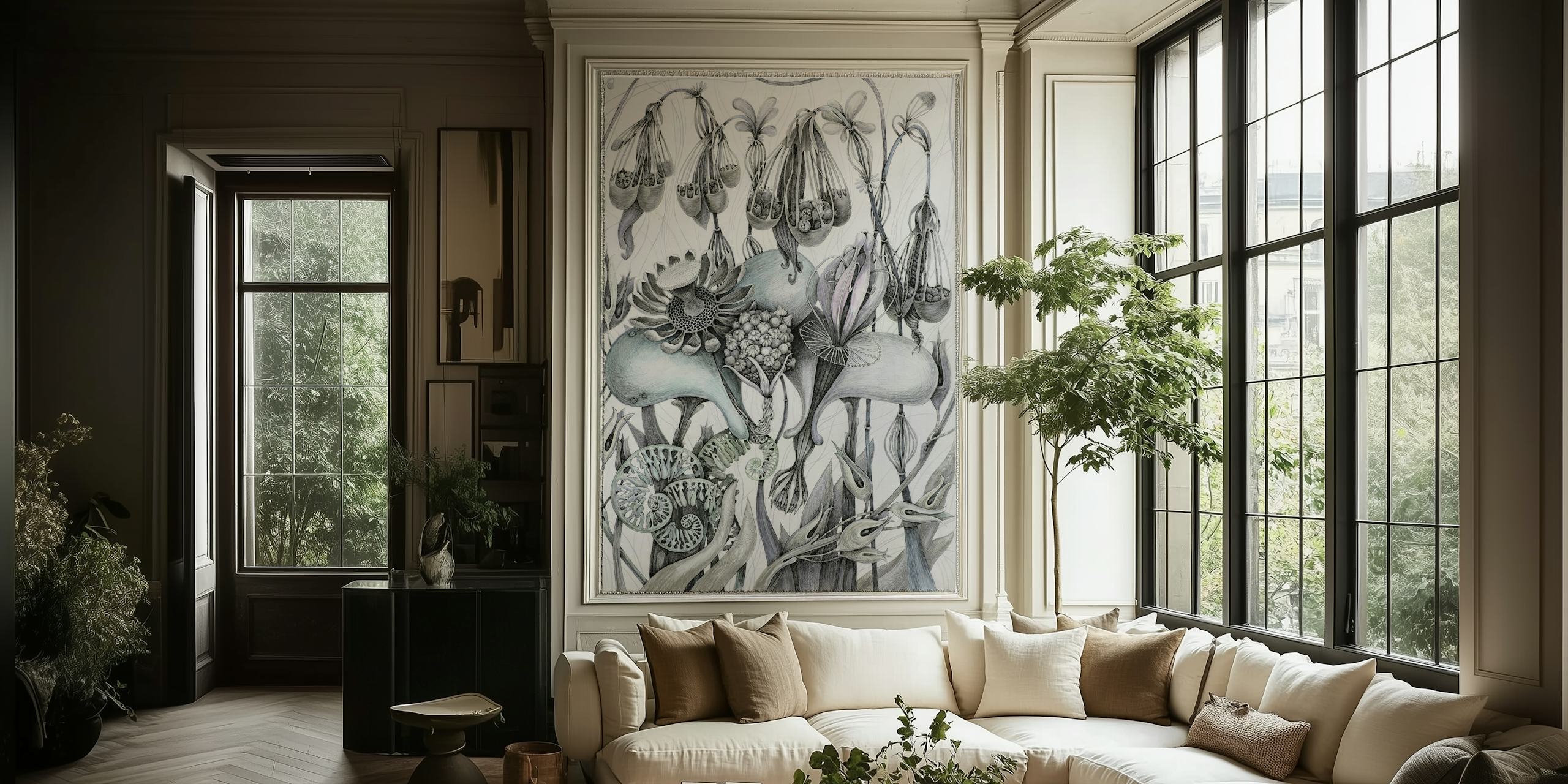 Botanical grey flower patterns with intricate details wallpaper