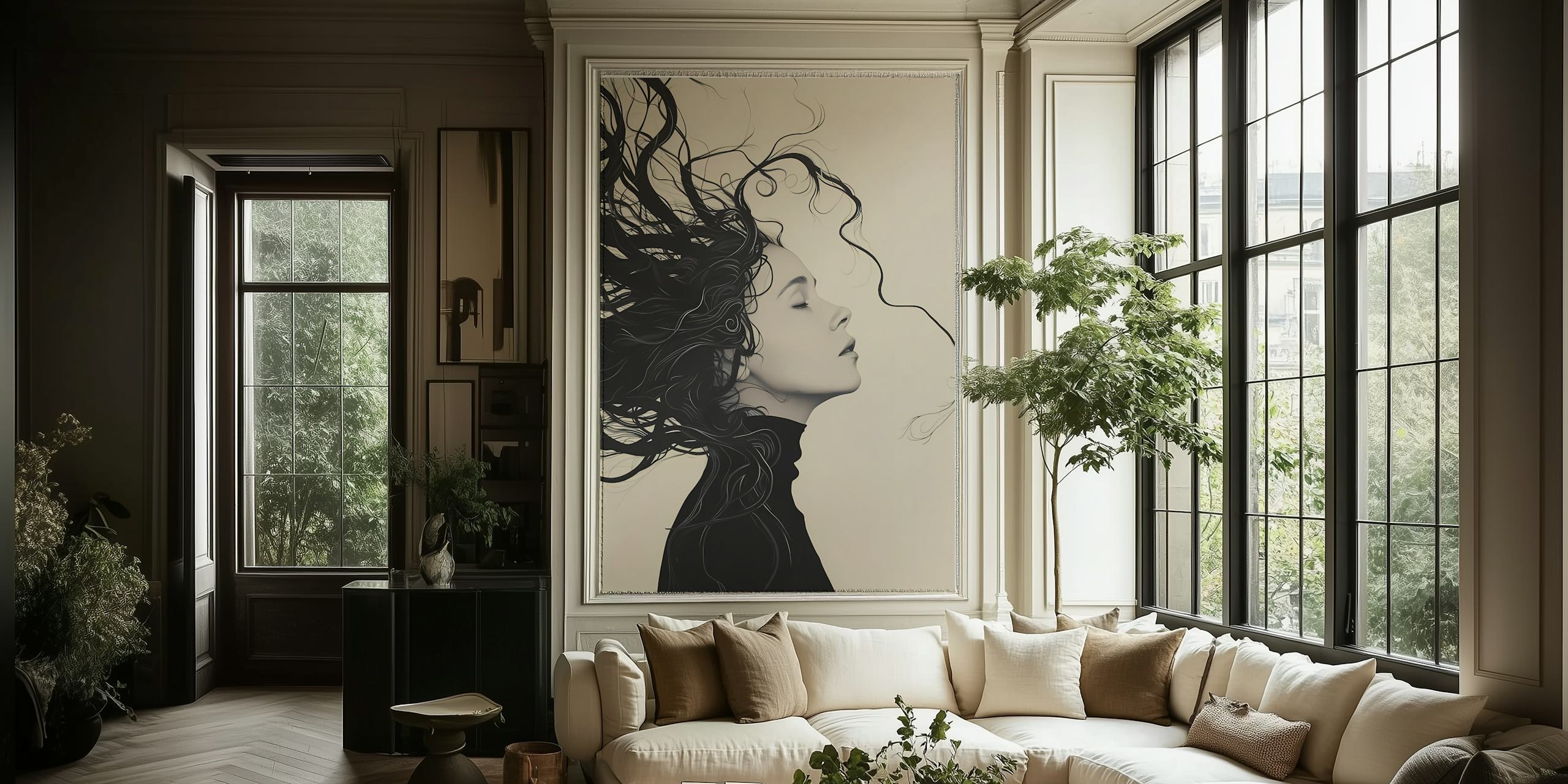Profile of a woman with flowing hair in black and white wallpaper
