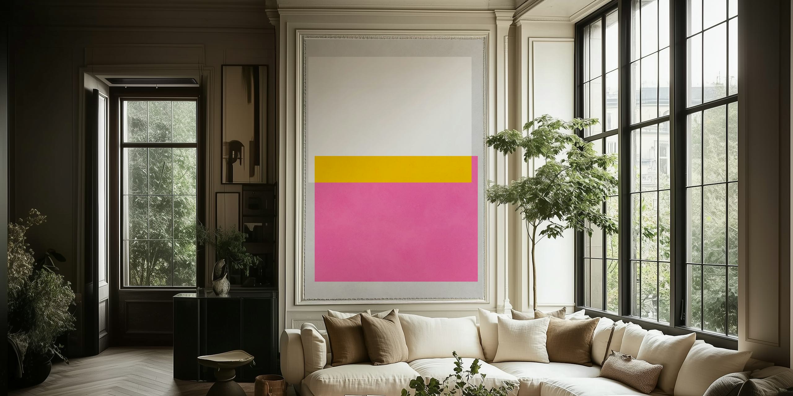 Geometric shapes in pink, yellow, and white on a textured wallpaper