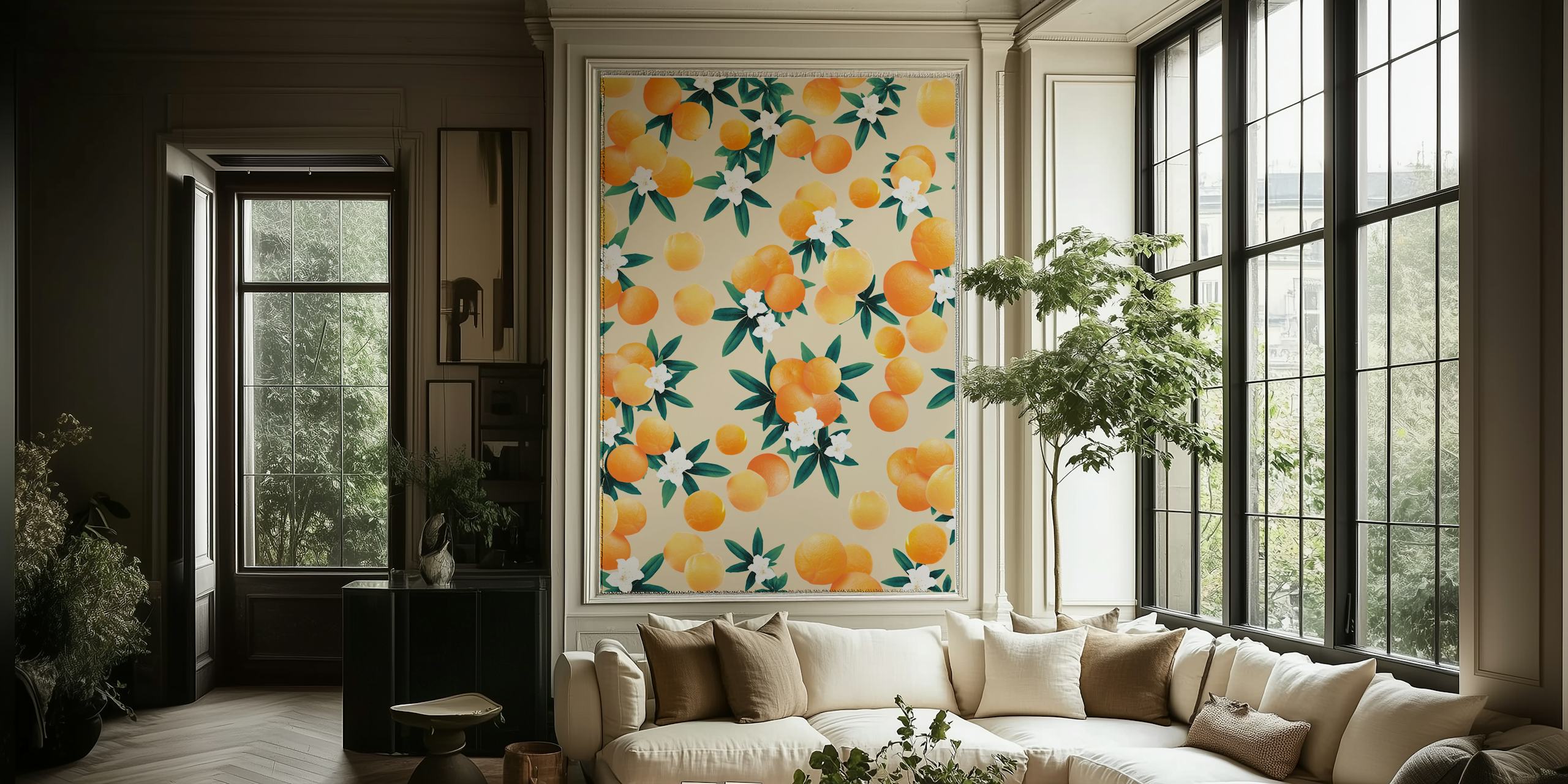 Carta da parati Orange Twist Flower Vibes in una stanza
