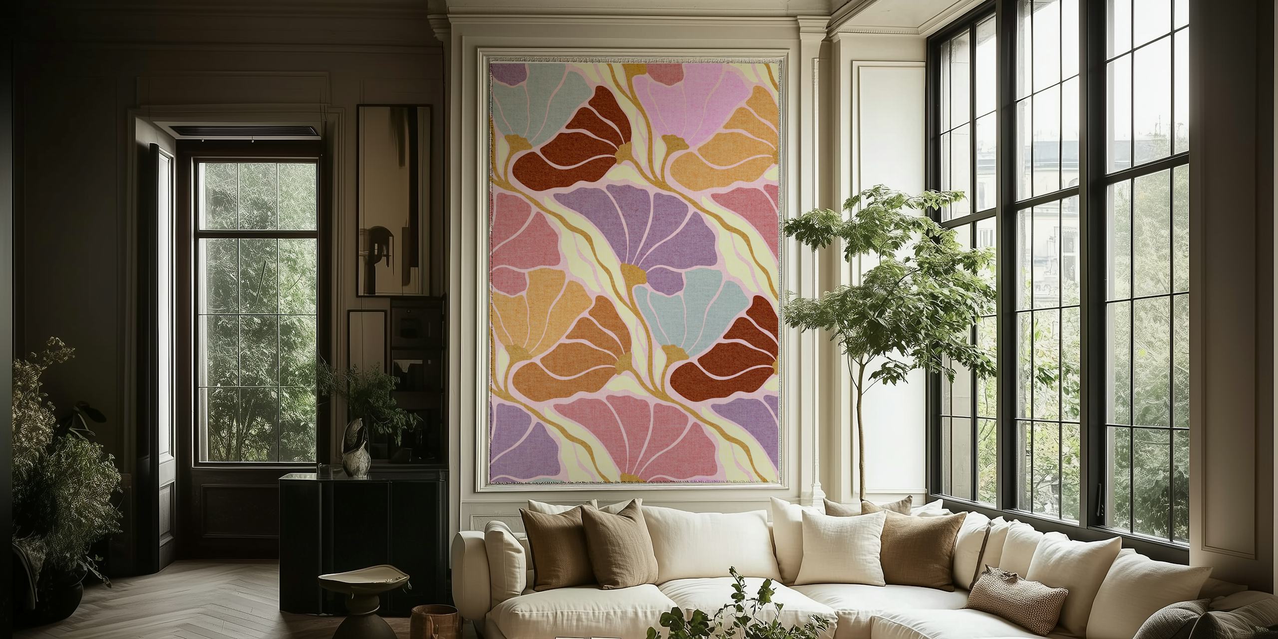 Colorful Art Nouveau floral pattern in ochre pink tones wallpaper