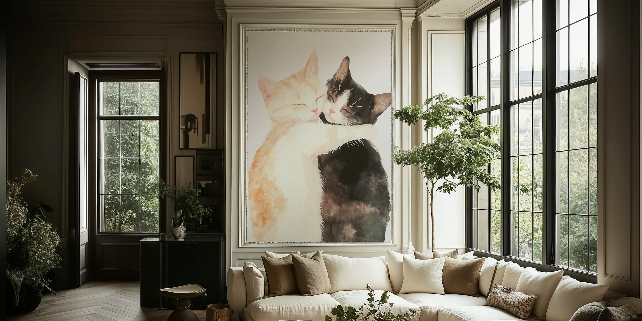 Papel de parede Tender Cat Hug em um ambiente de quarto
