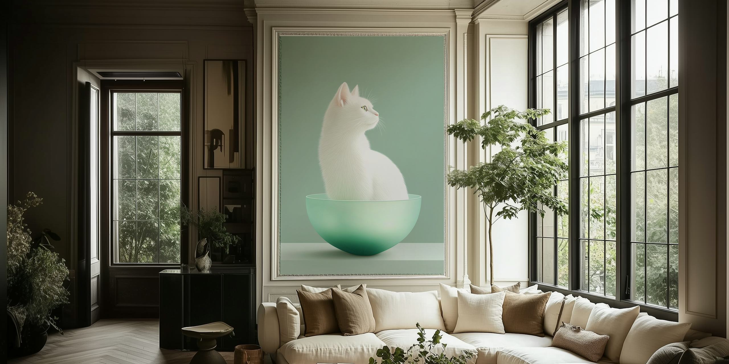 White cat in a mint green bowl against a soft green background wallpaper