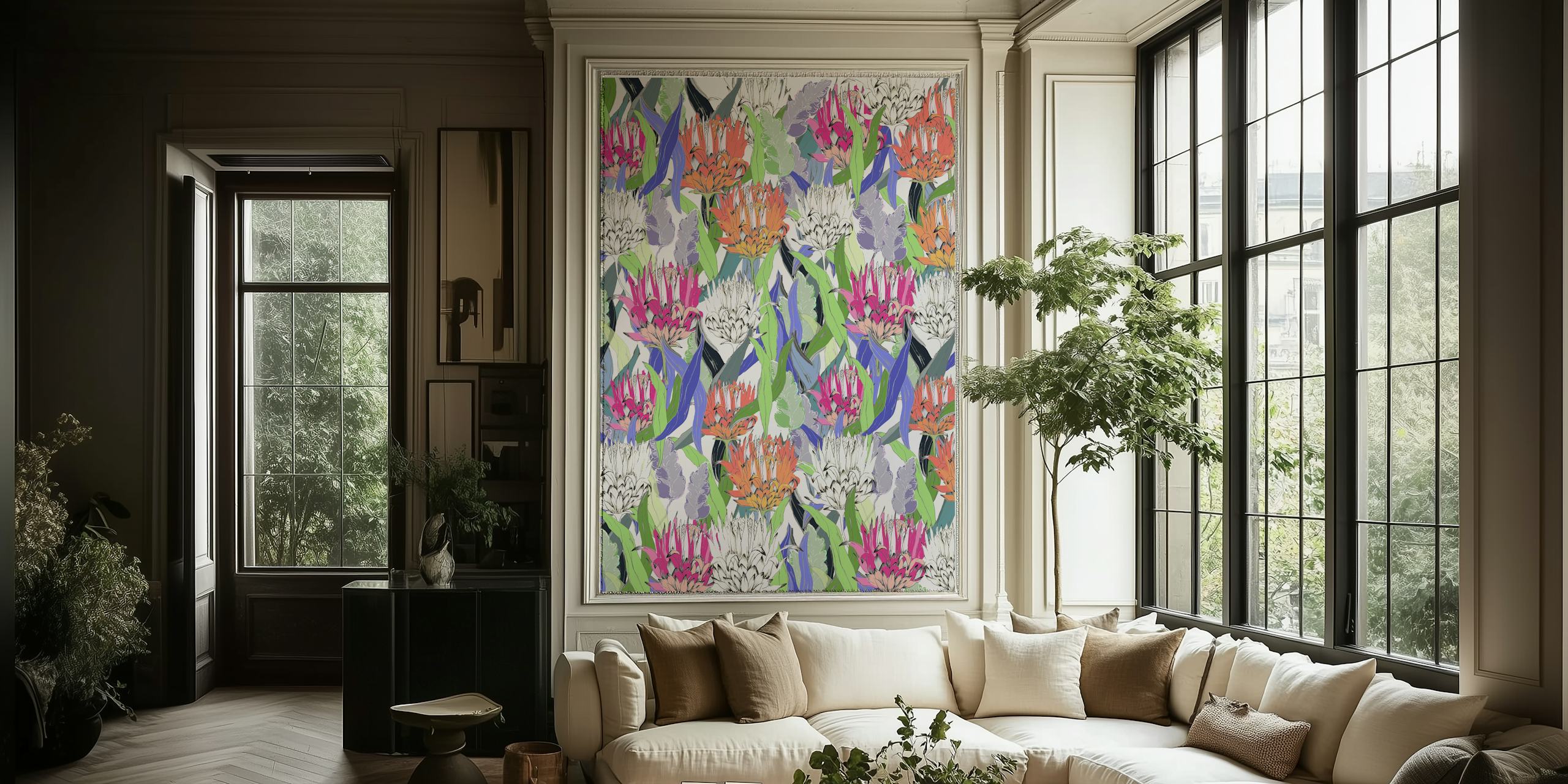 Colorful Protea Garden wallpaper in a room.