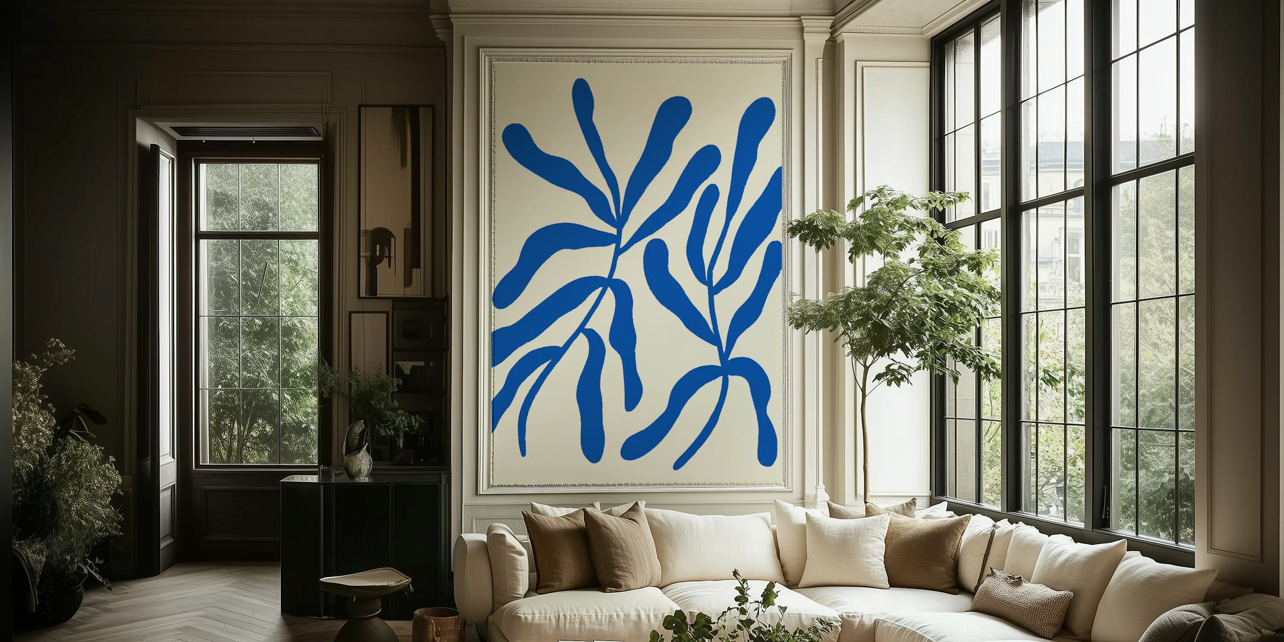 Blue stylized branches on cream background wallpaper