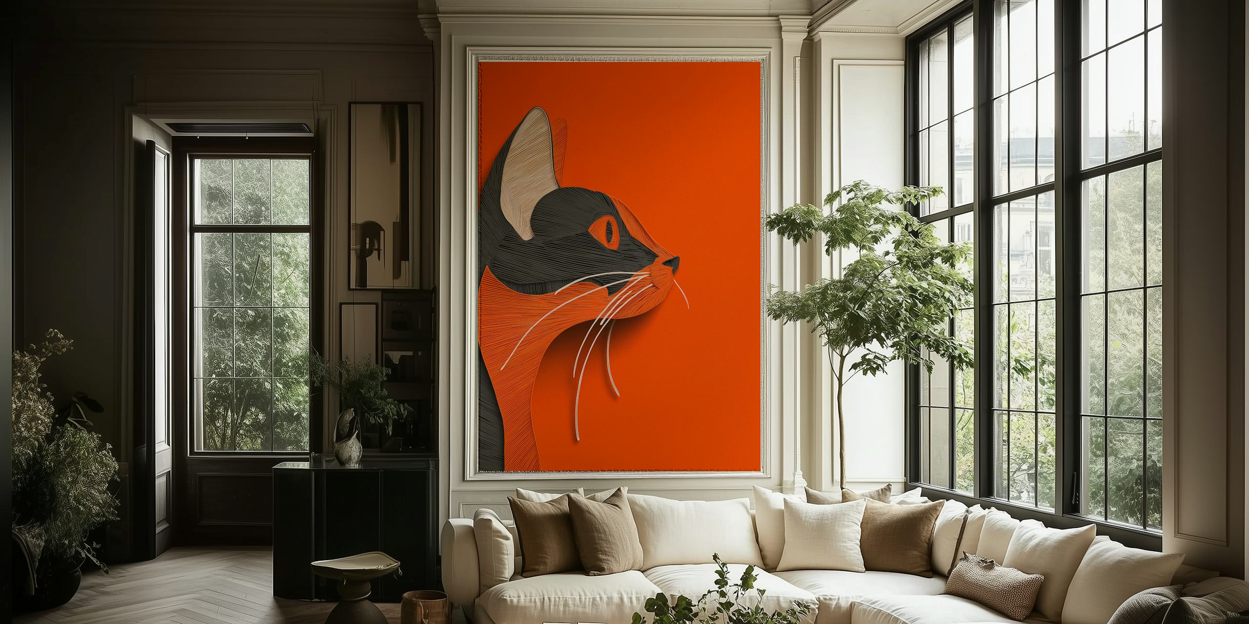 Textured cat portrait wallpaper in a room