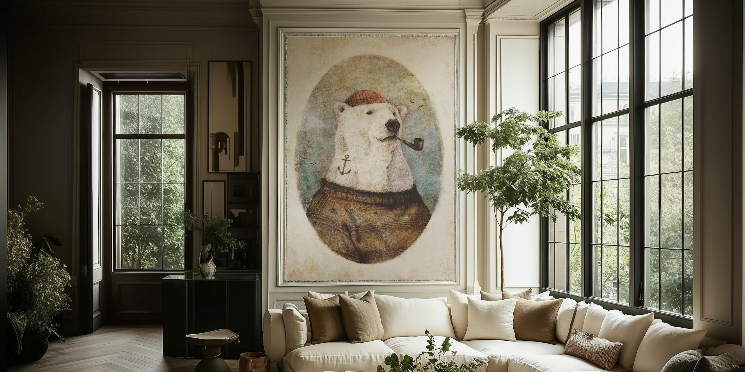 Whimsical polar bear sailor illustration wall mural on a vintage background