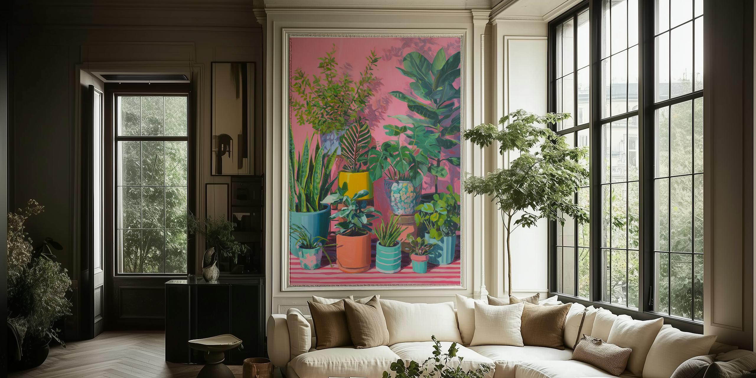 Colorful pink potted plants wallpaper design