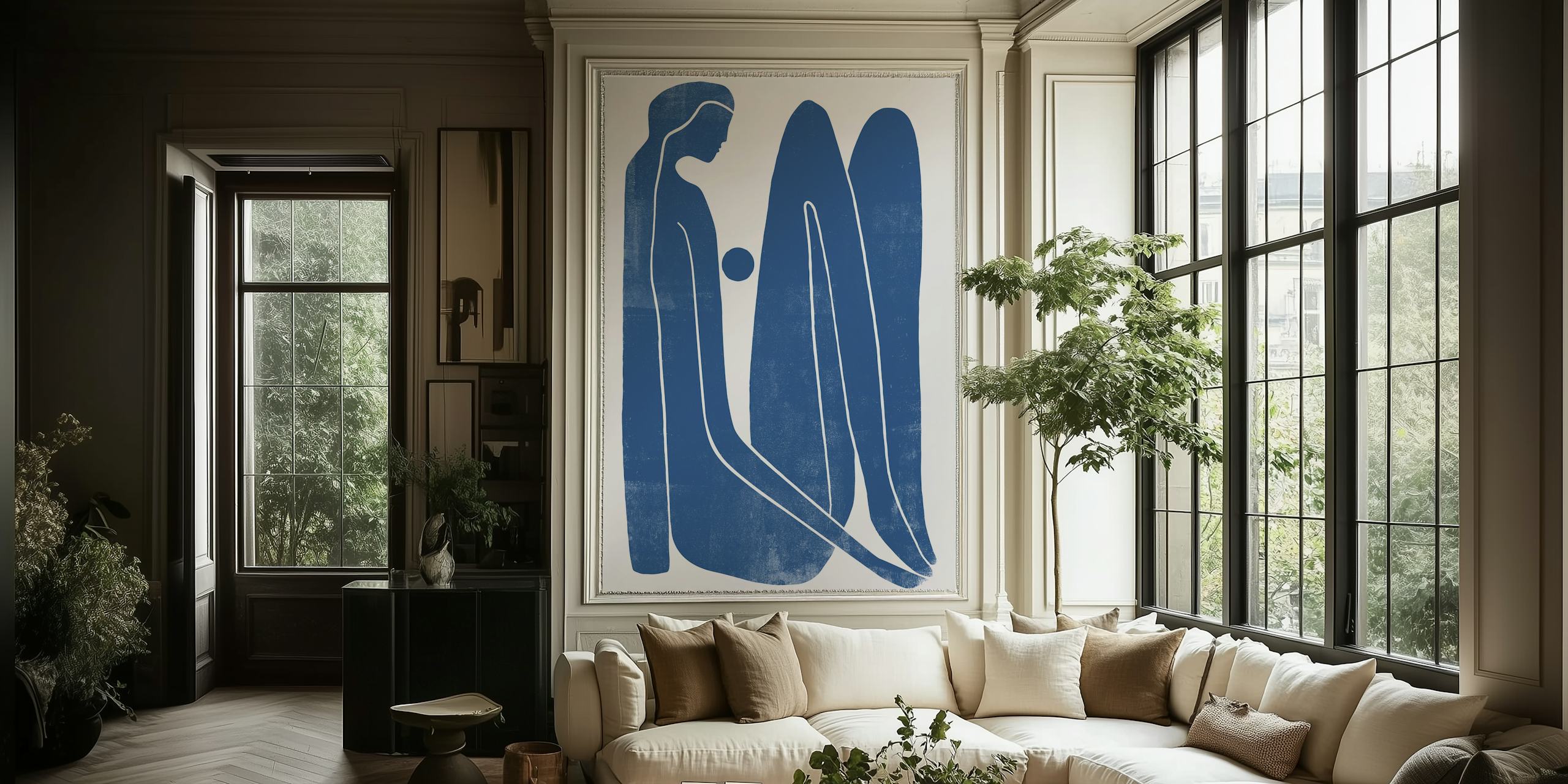 Murale murale con silhouette blu raffigurante una persona in pensiero