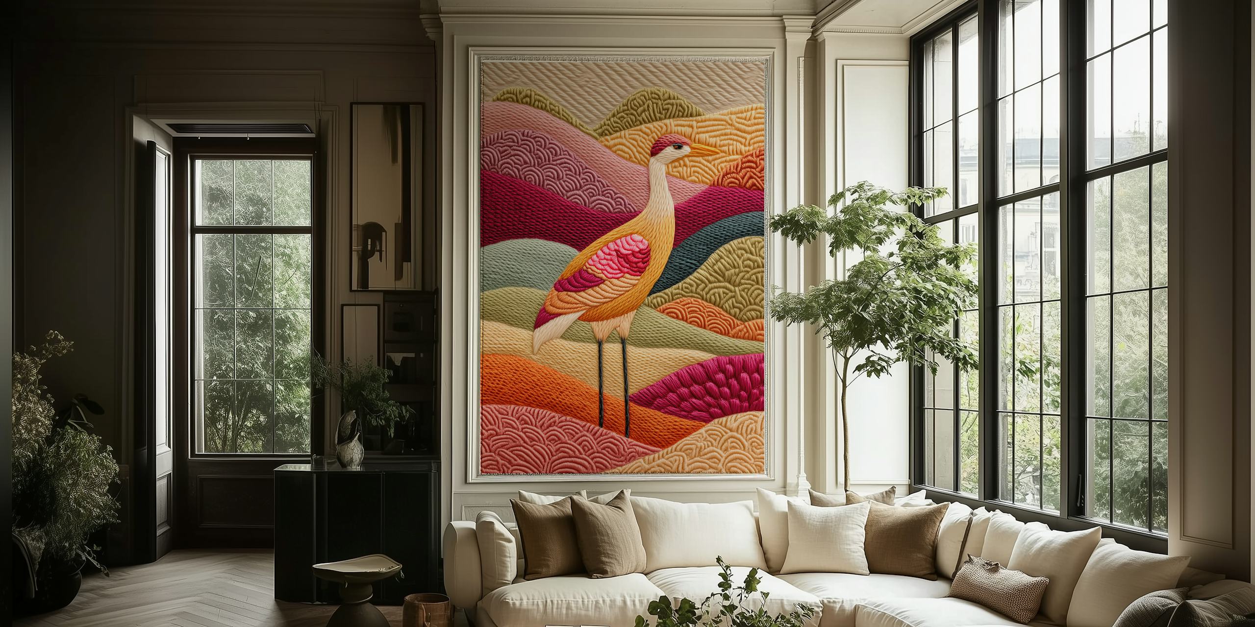 Embroidery art of a crane in vibrant colors on textured background wallpaper