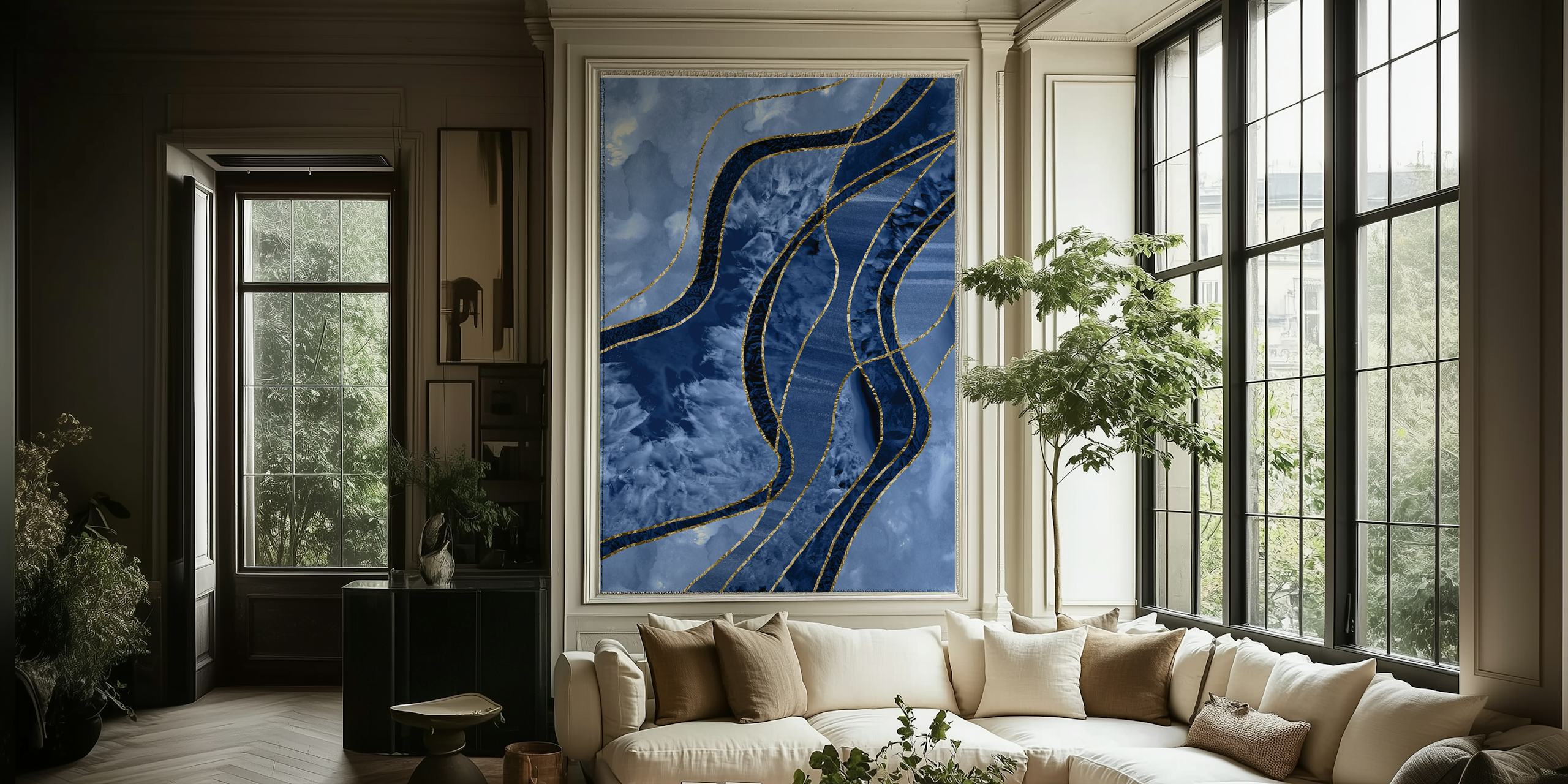 Abstract blue and gold marble pattern wallpaper