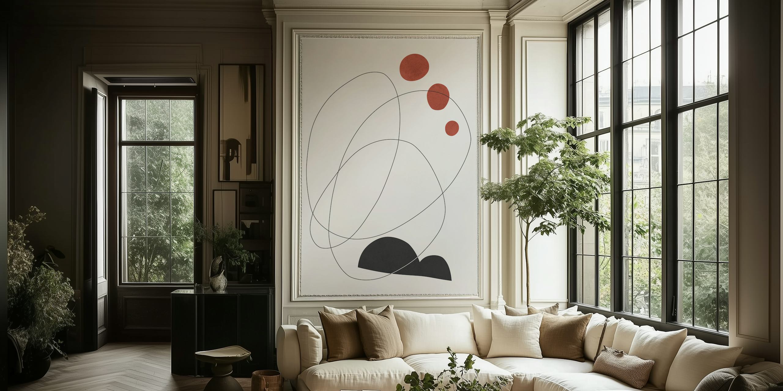 Abstract lines and circles wallpaper design in a room