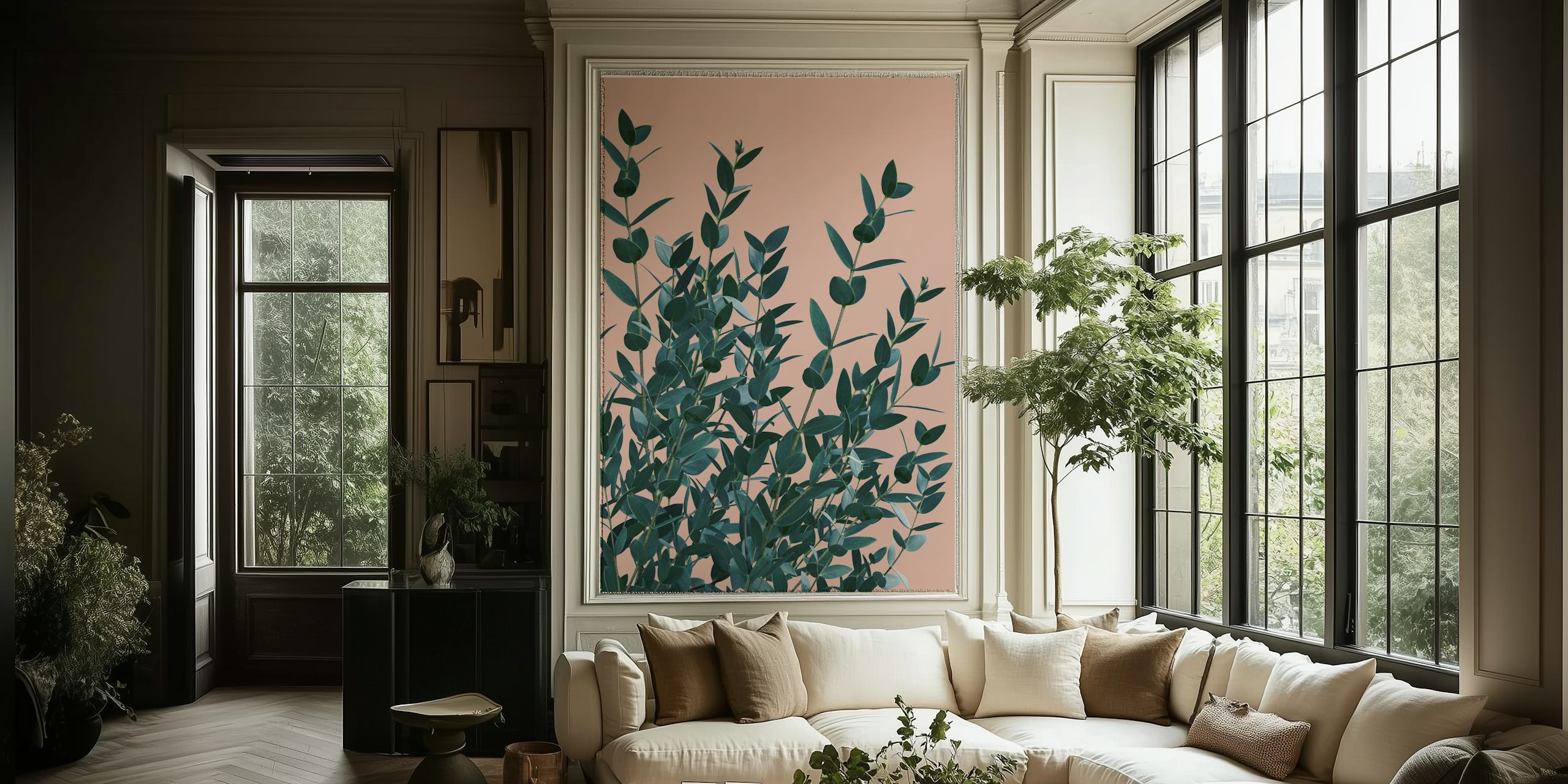 Green eucalyptus leaves on pink background wallpaper