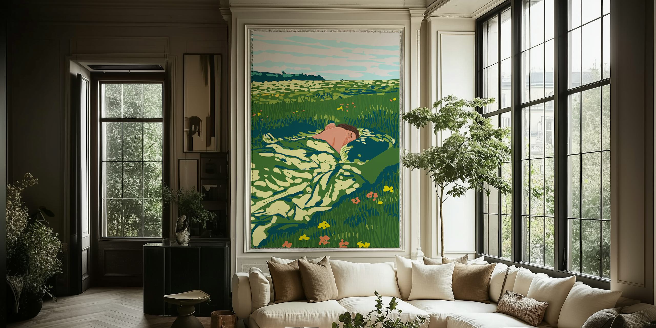 Tapetdesign som föreställer en person som sover i ett fält