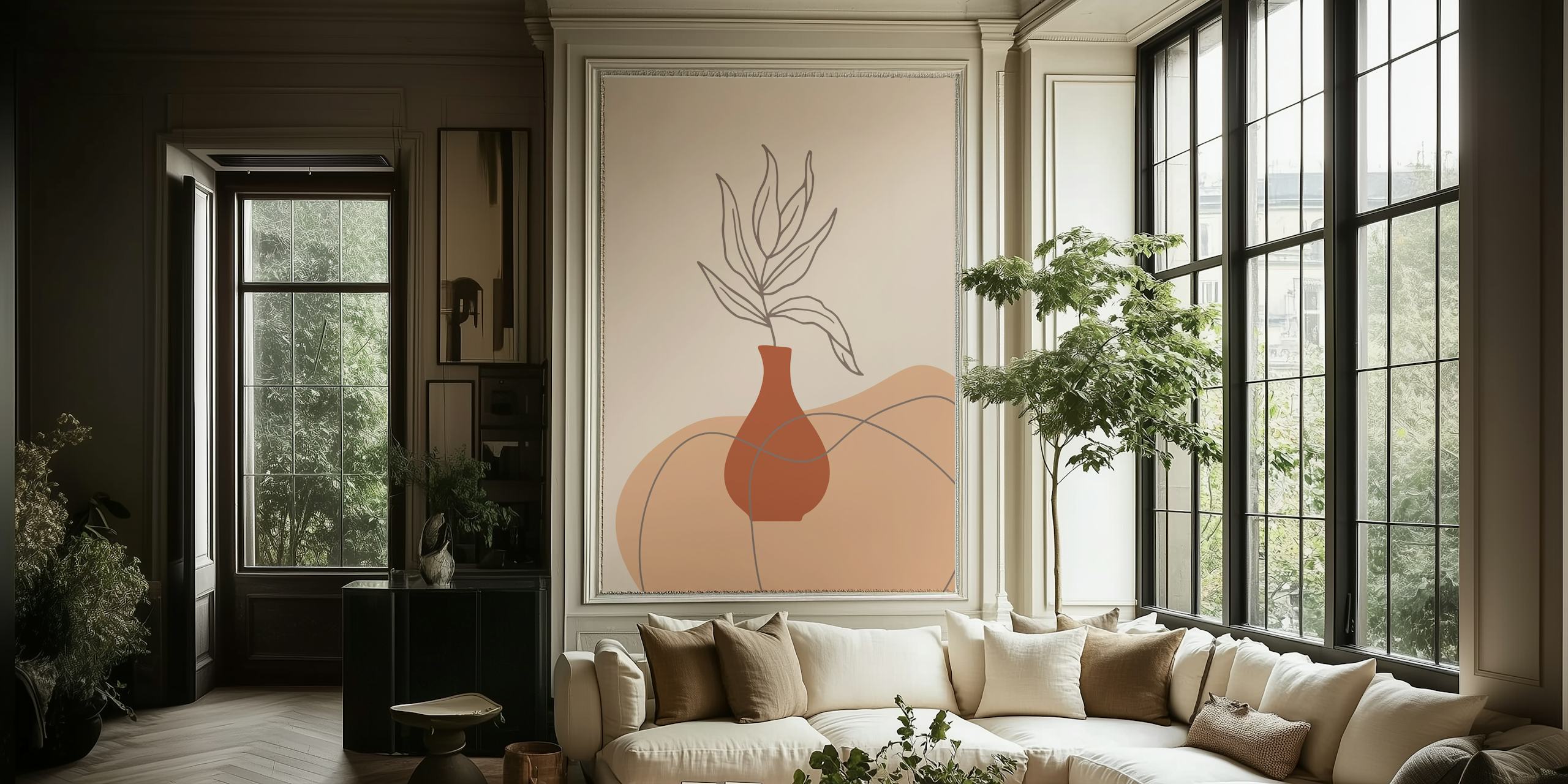 Minimal line art plant in a vase with neutral tones wallpaper