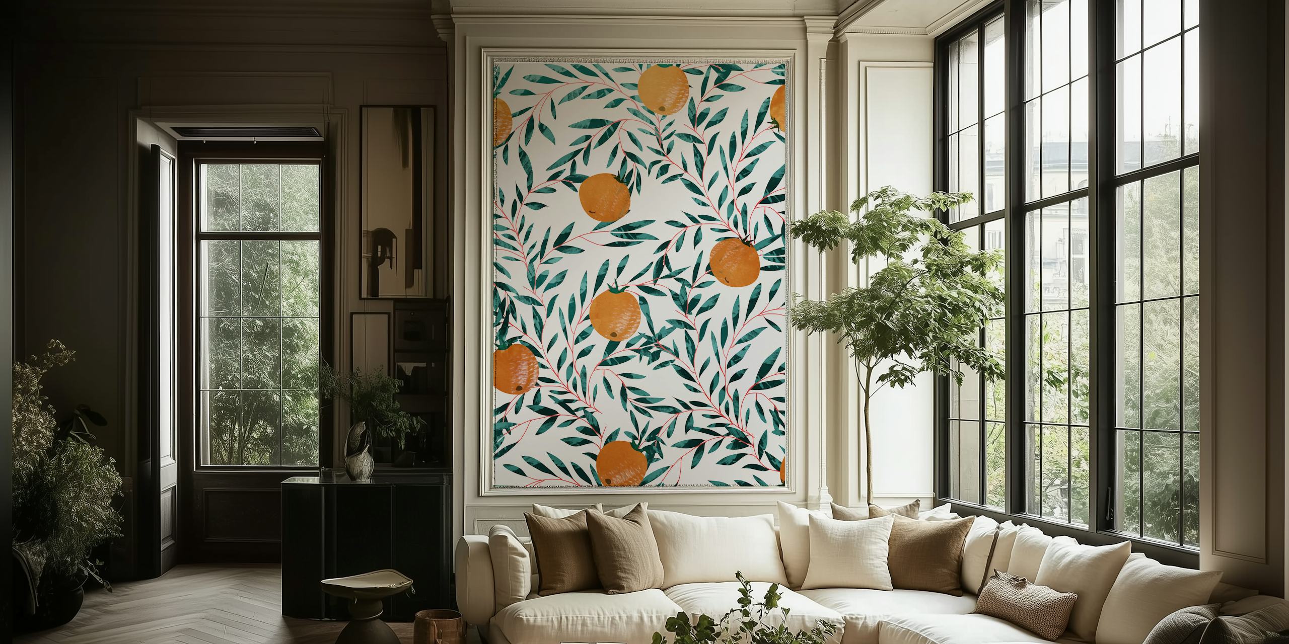 Orange mandarin fruits with green leaves wallpaper