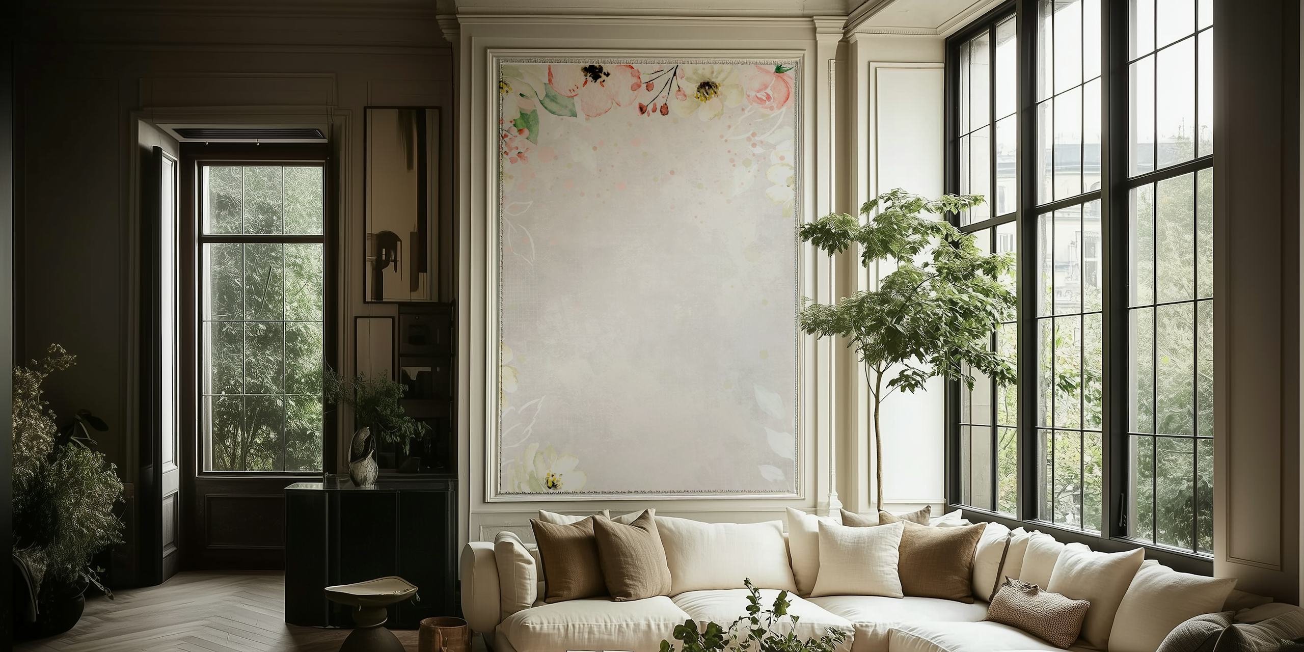 Floral pattern with pink, cream, and green colors on a light background wallpaper