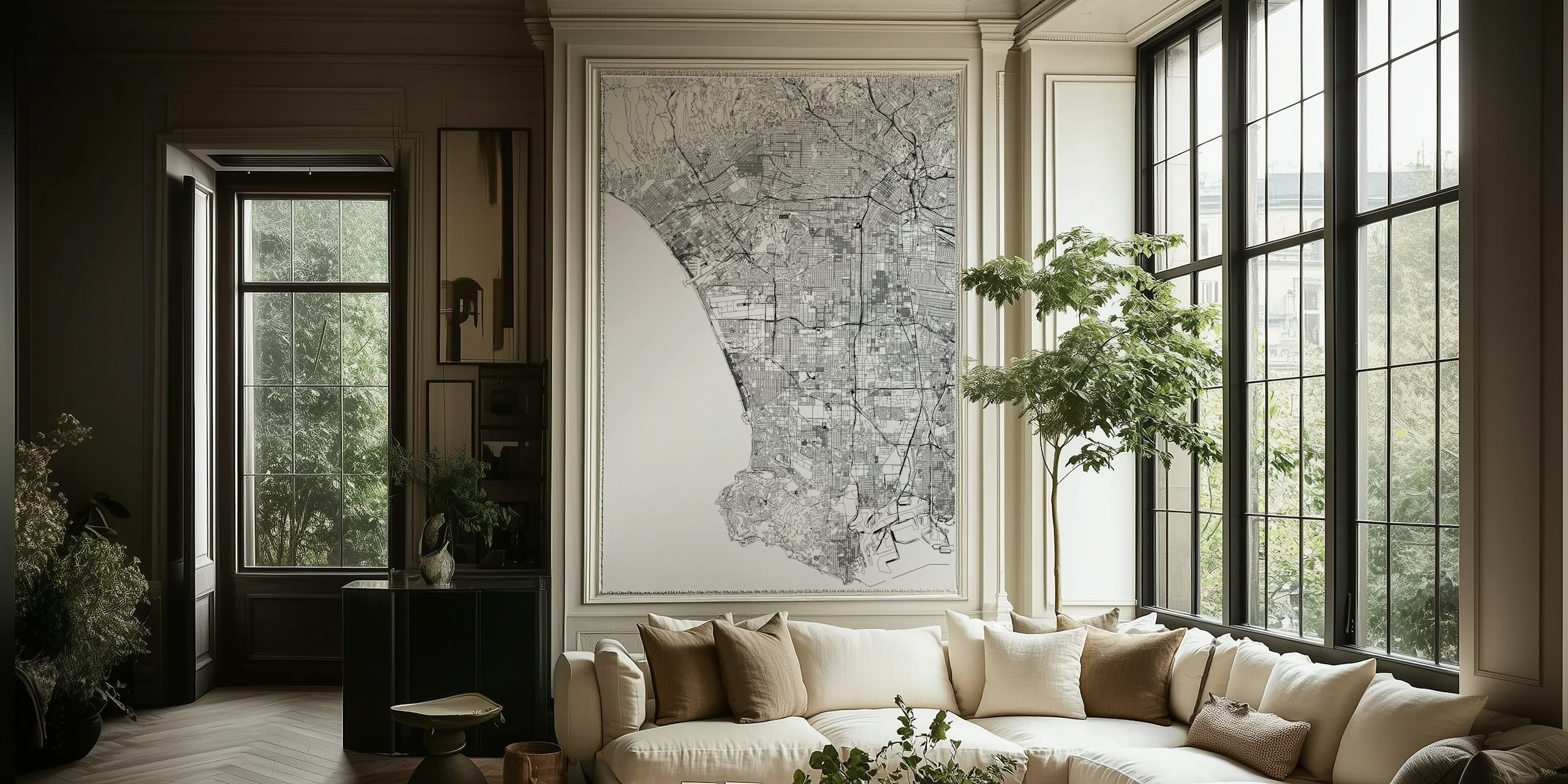 Black and white map of Los Angeles, detailing streets and areas wallpaper