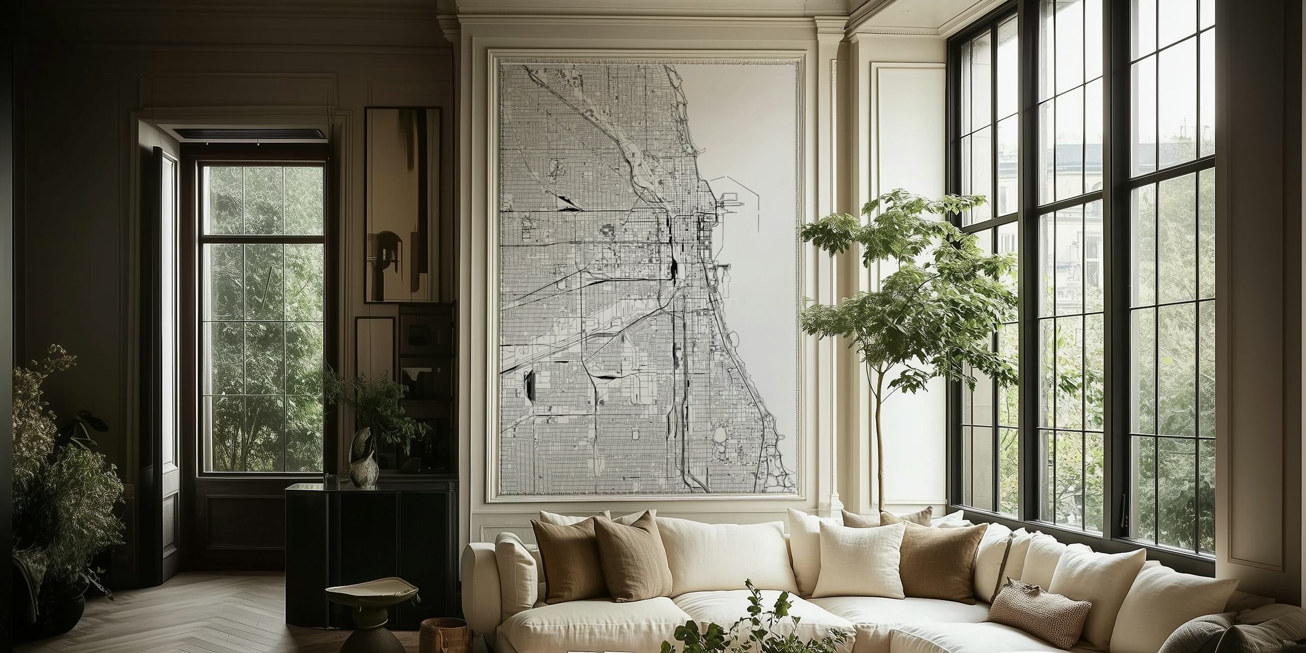 Fotomural vinílico de parede de mapa da cidade de Chicago orientado para retrato monocromático
