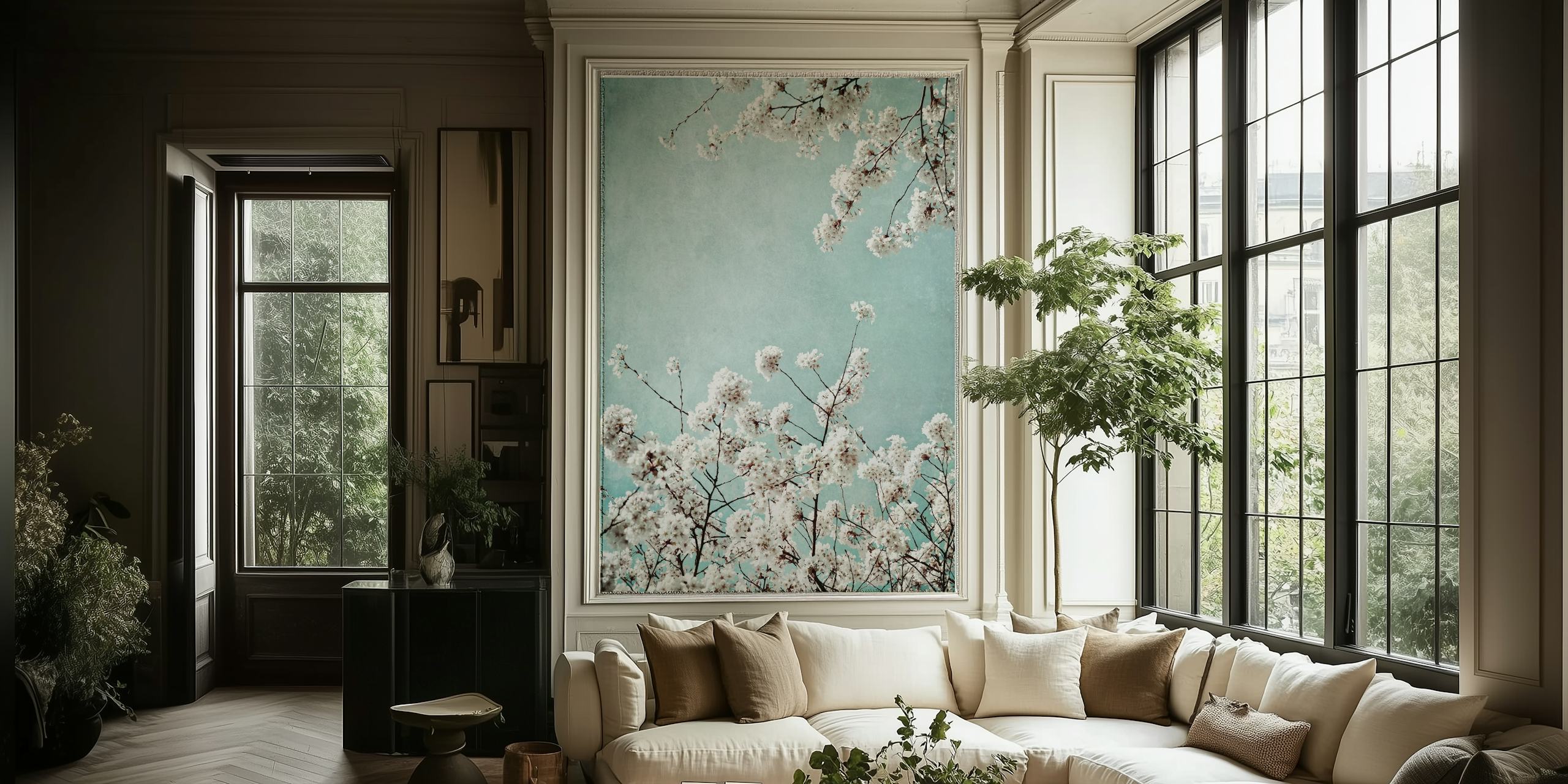 White floral branches against a soft blue background wallpaper