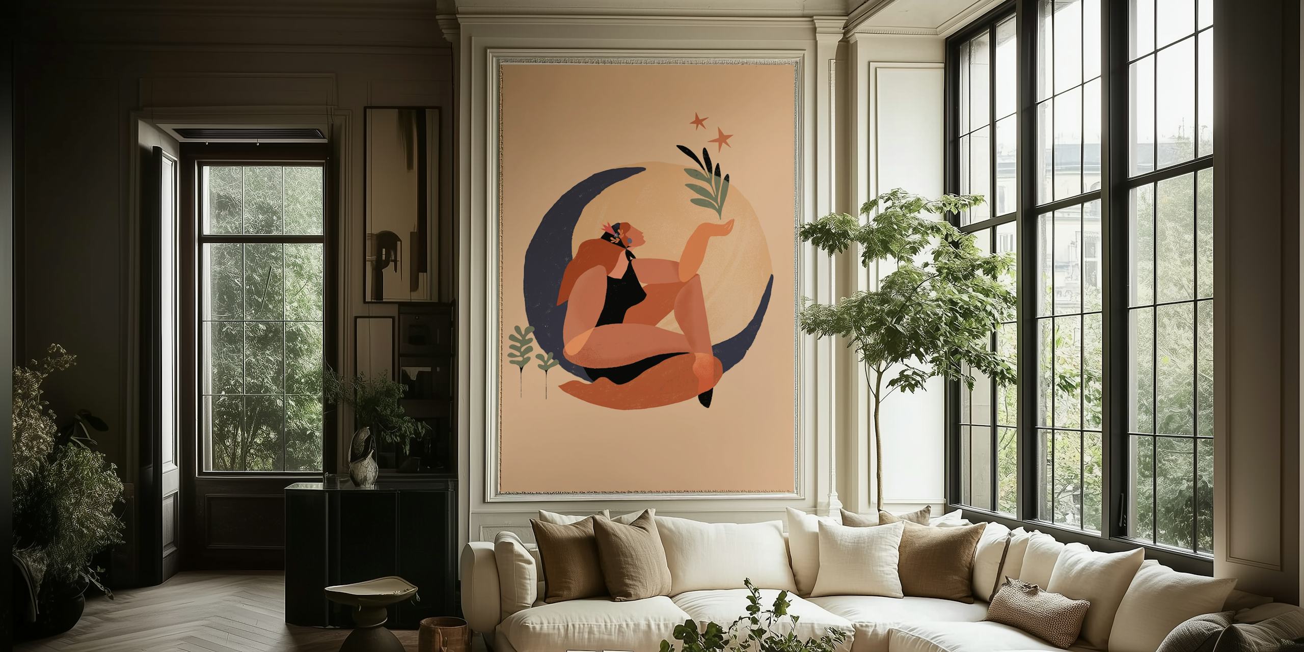 Abstract woman with moon wall mural in soft, earthy tones