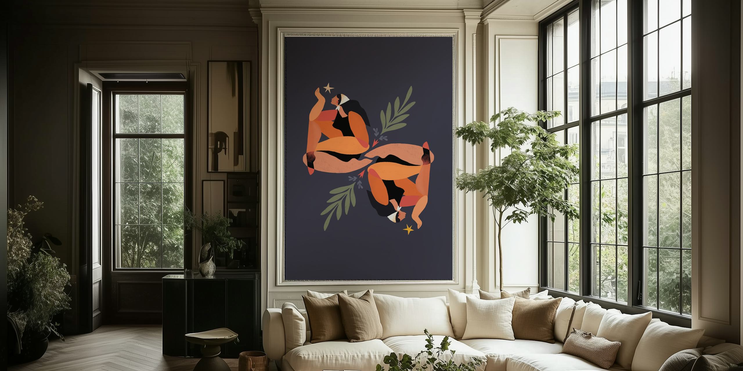 Abstract woman and nature elements in warm colors wallpaper