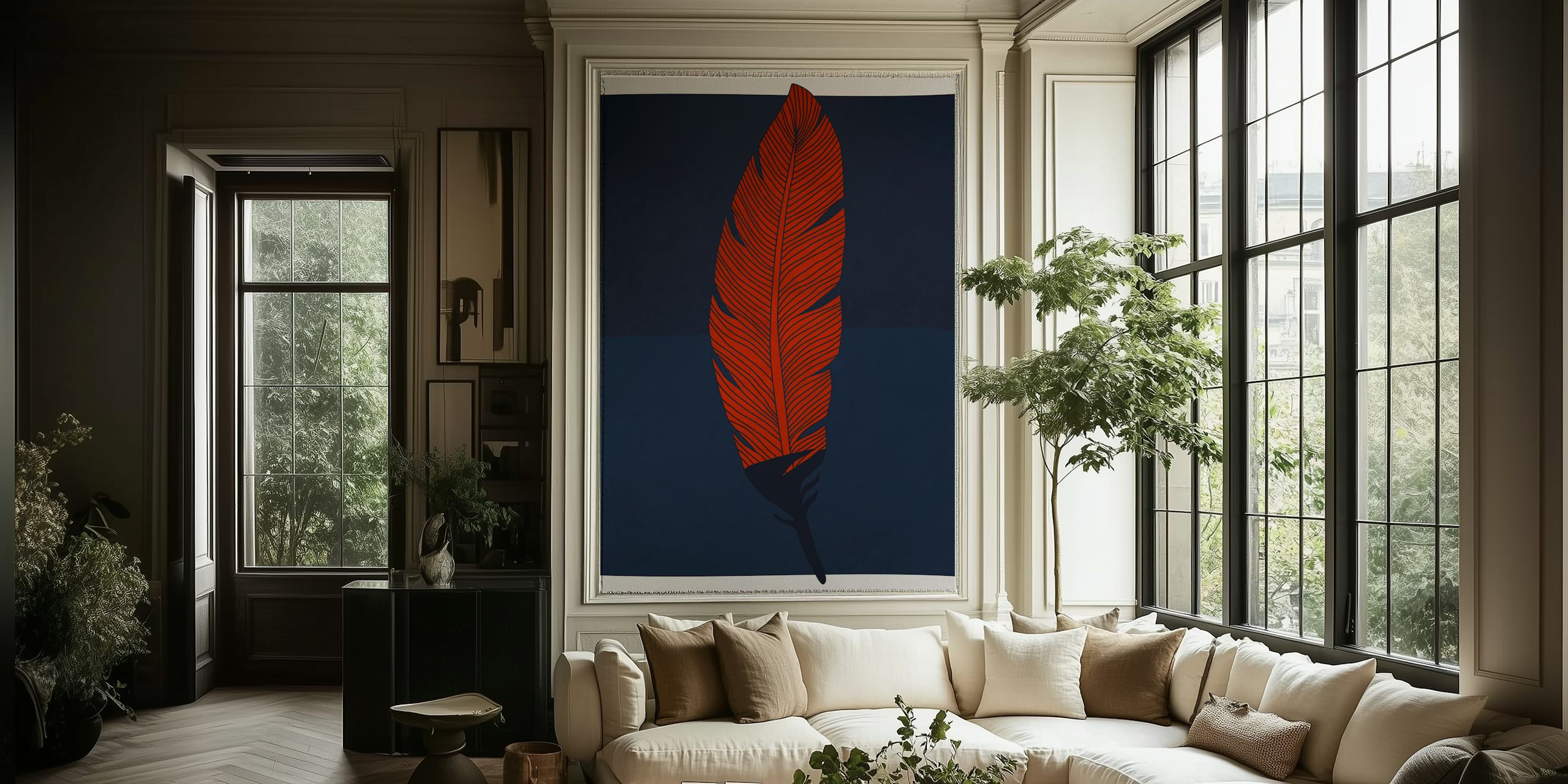 Red autumn leaf on a blue background wall mural