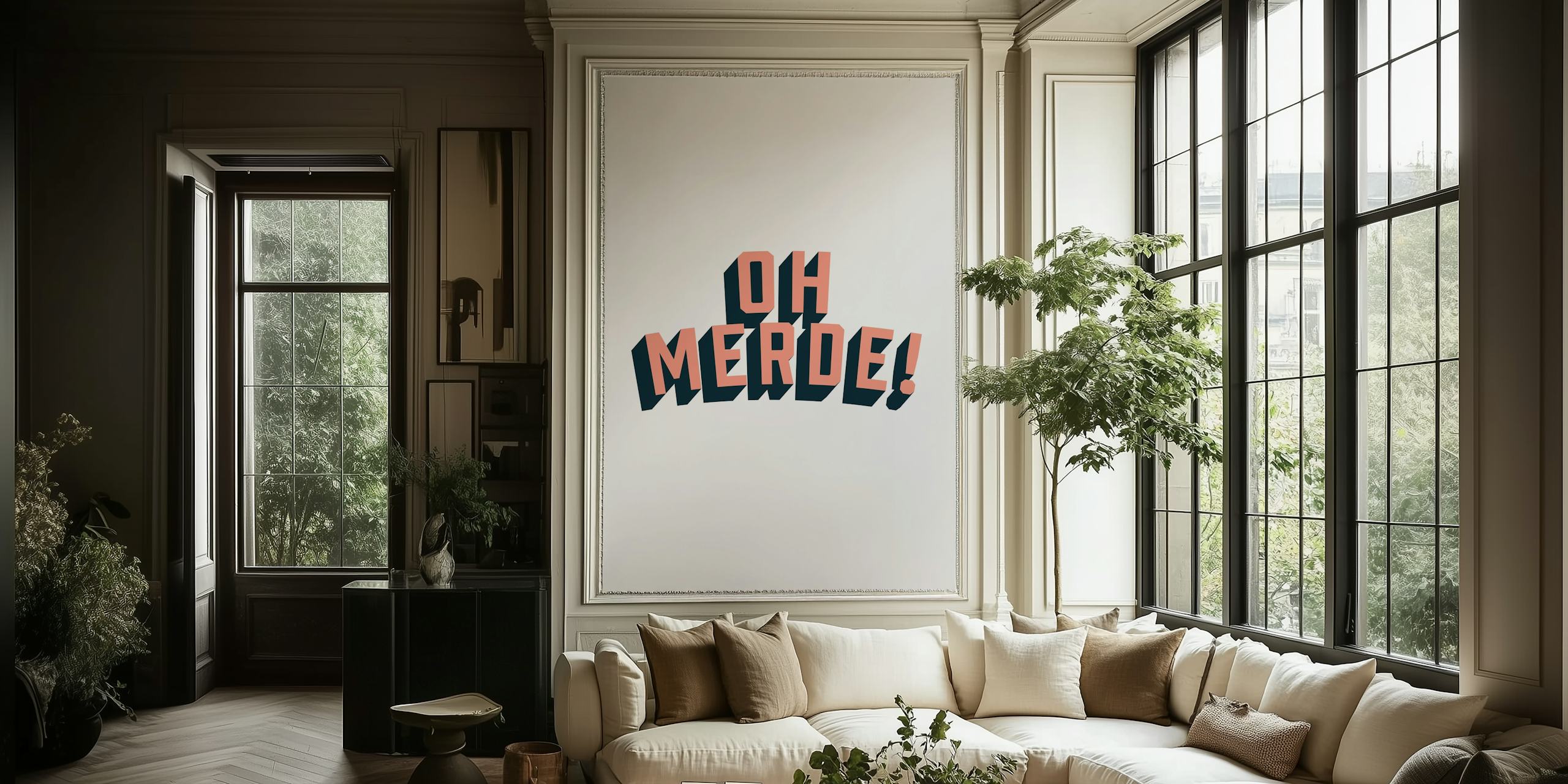Bold typography in pink and navy on white wallpaper