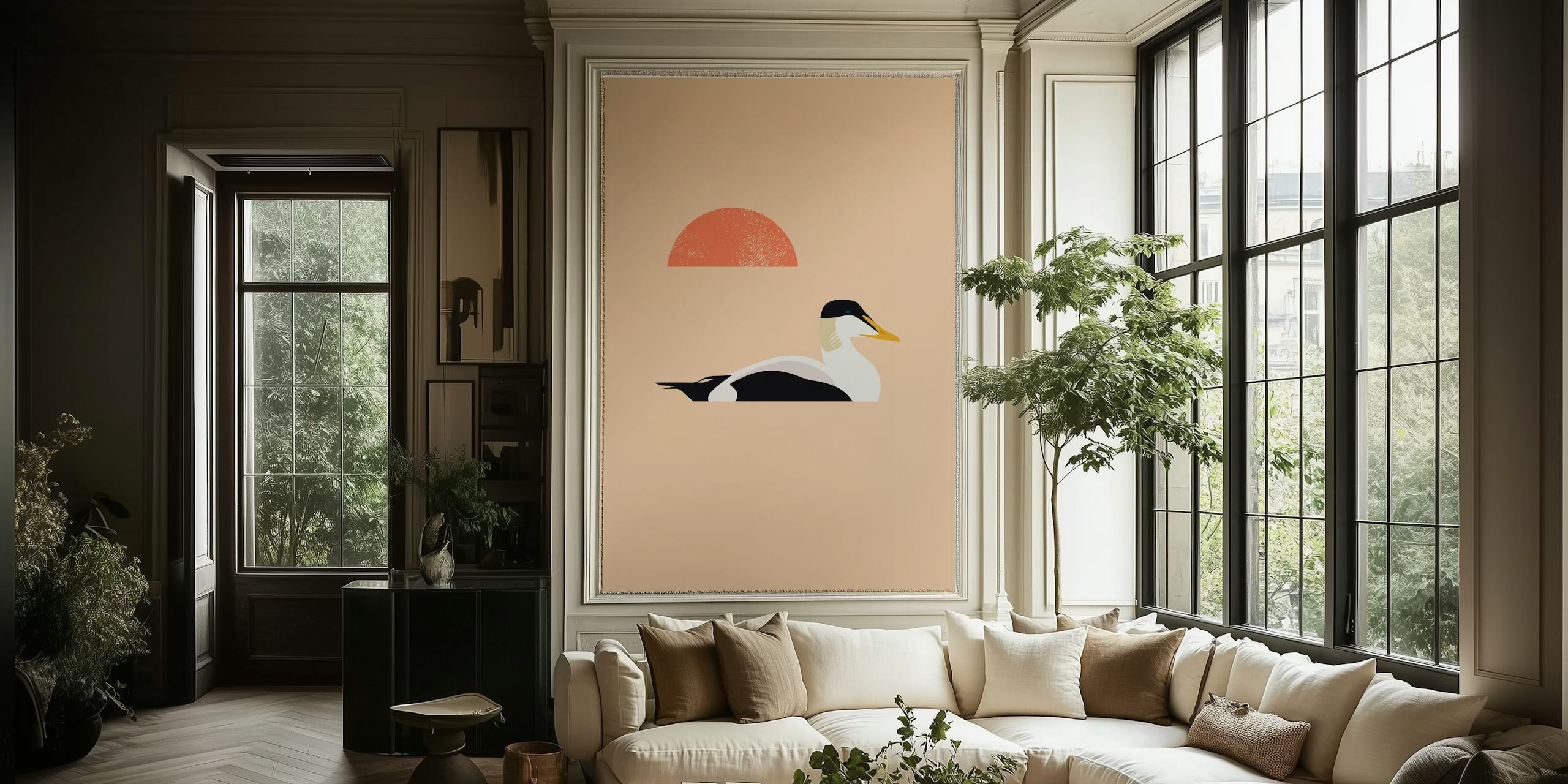 Stylized duck illustration with a coral sun behind it, on a soft peach background wallpaper