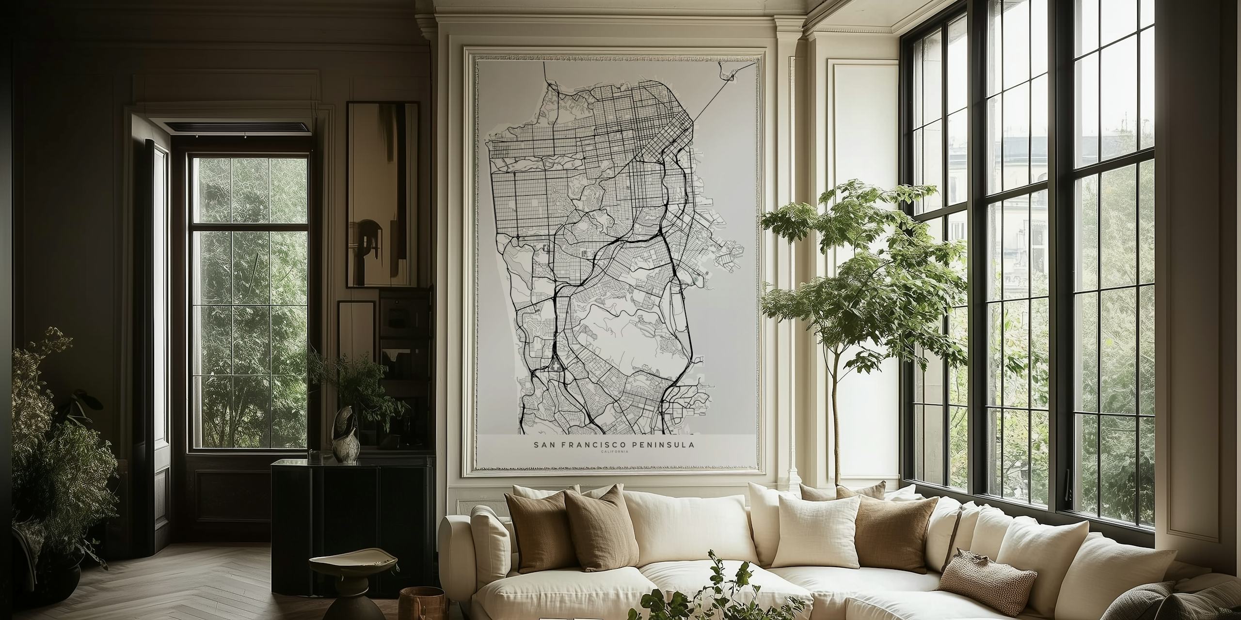 San Francisco Peninsula Map Vægmaleri i sort og hvid med detaljeret gadelayout