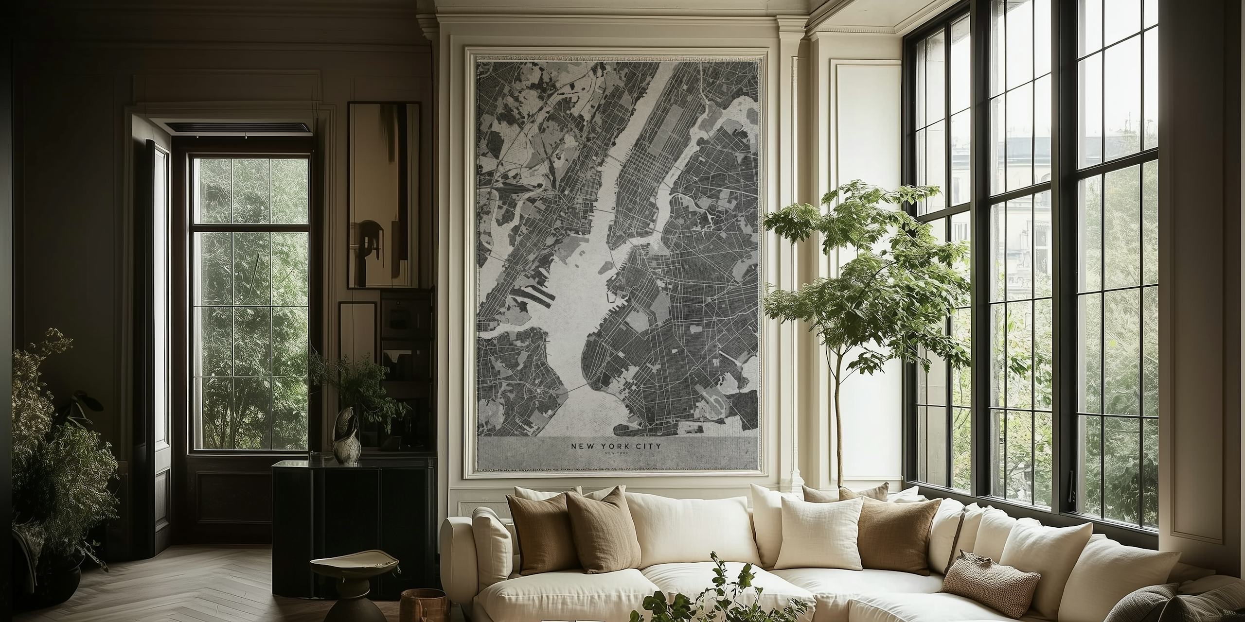 Gray vintage New York City map wallpaper in a room