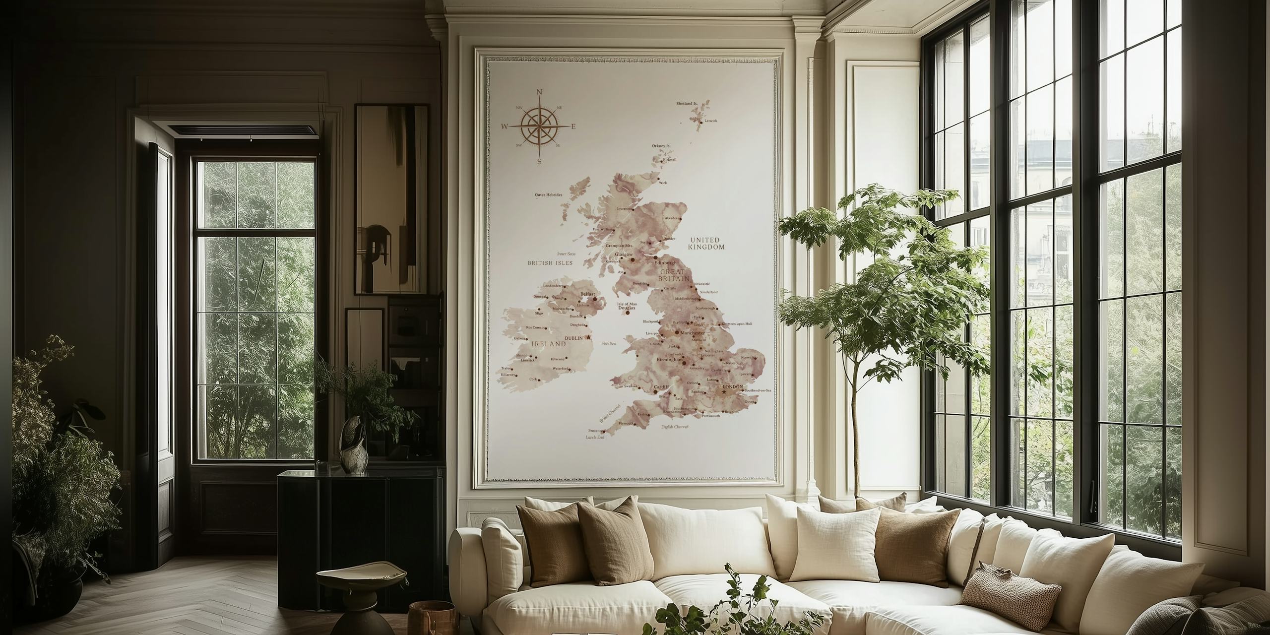 UK map brown watercolor behangontwerp