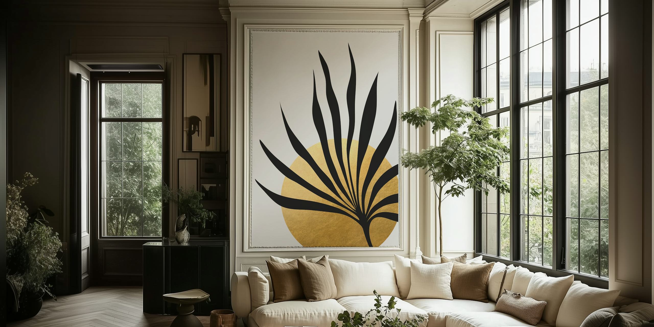 Black tropical palm leaf against a gold circle background wallpaper