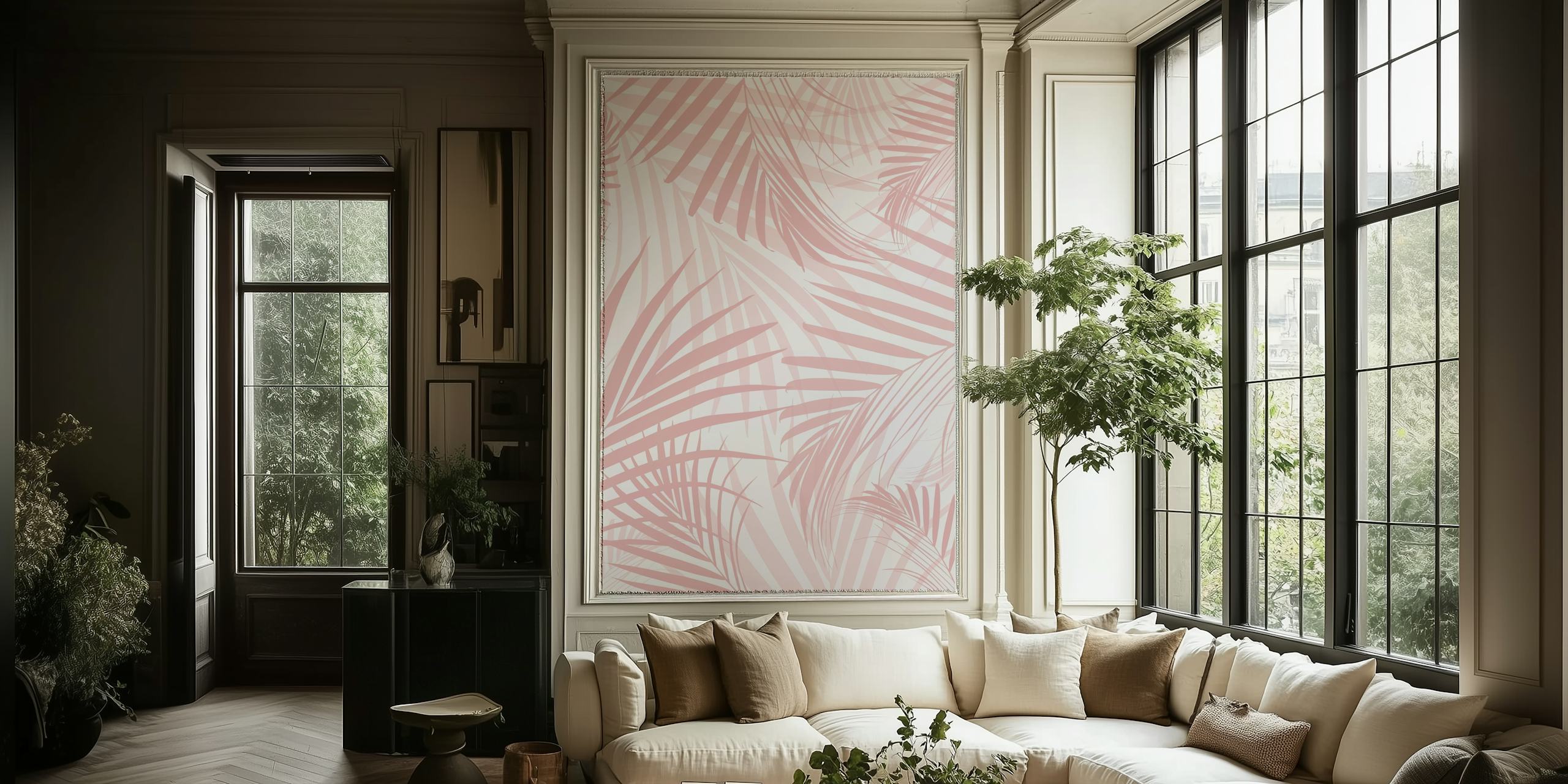 Blush pink palm leaves wallpaper with elegant tropical design