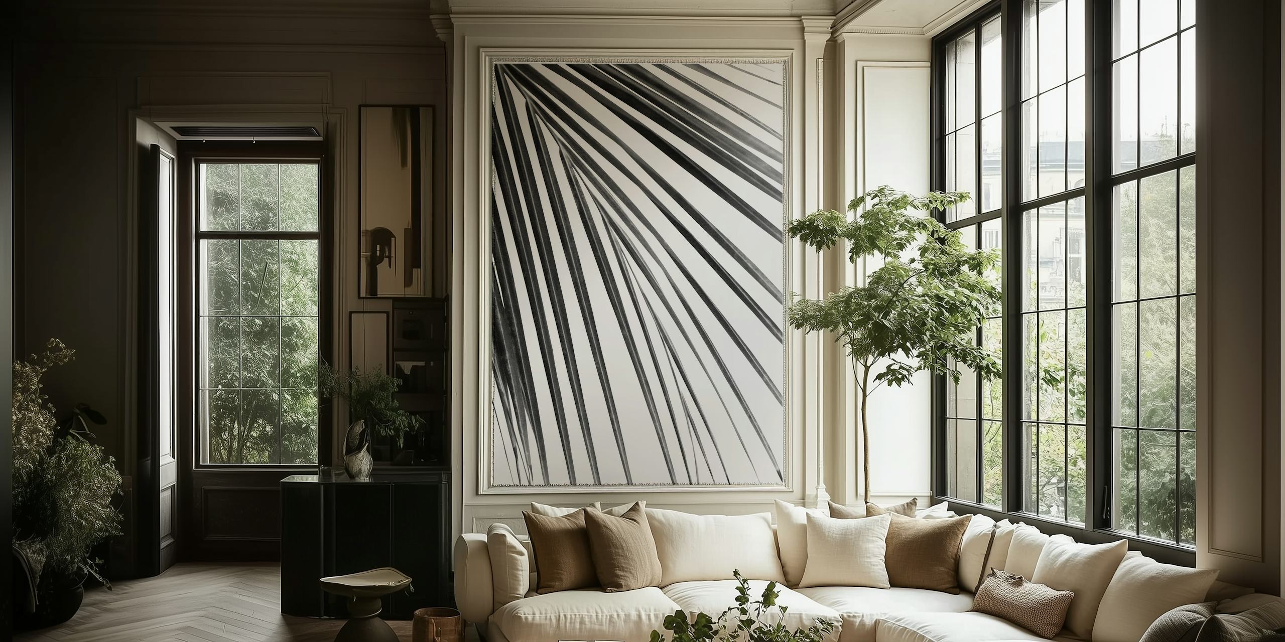 Black and white palm leaf pattern wallpaper