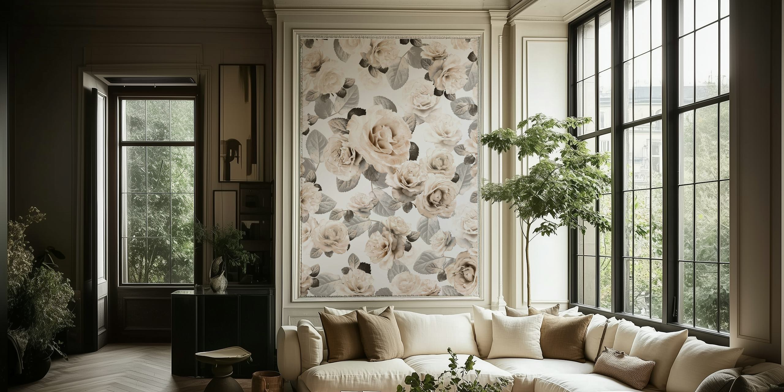 Beige floral wallpaper with roses and leaves design