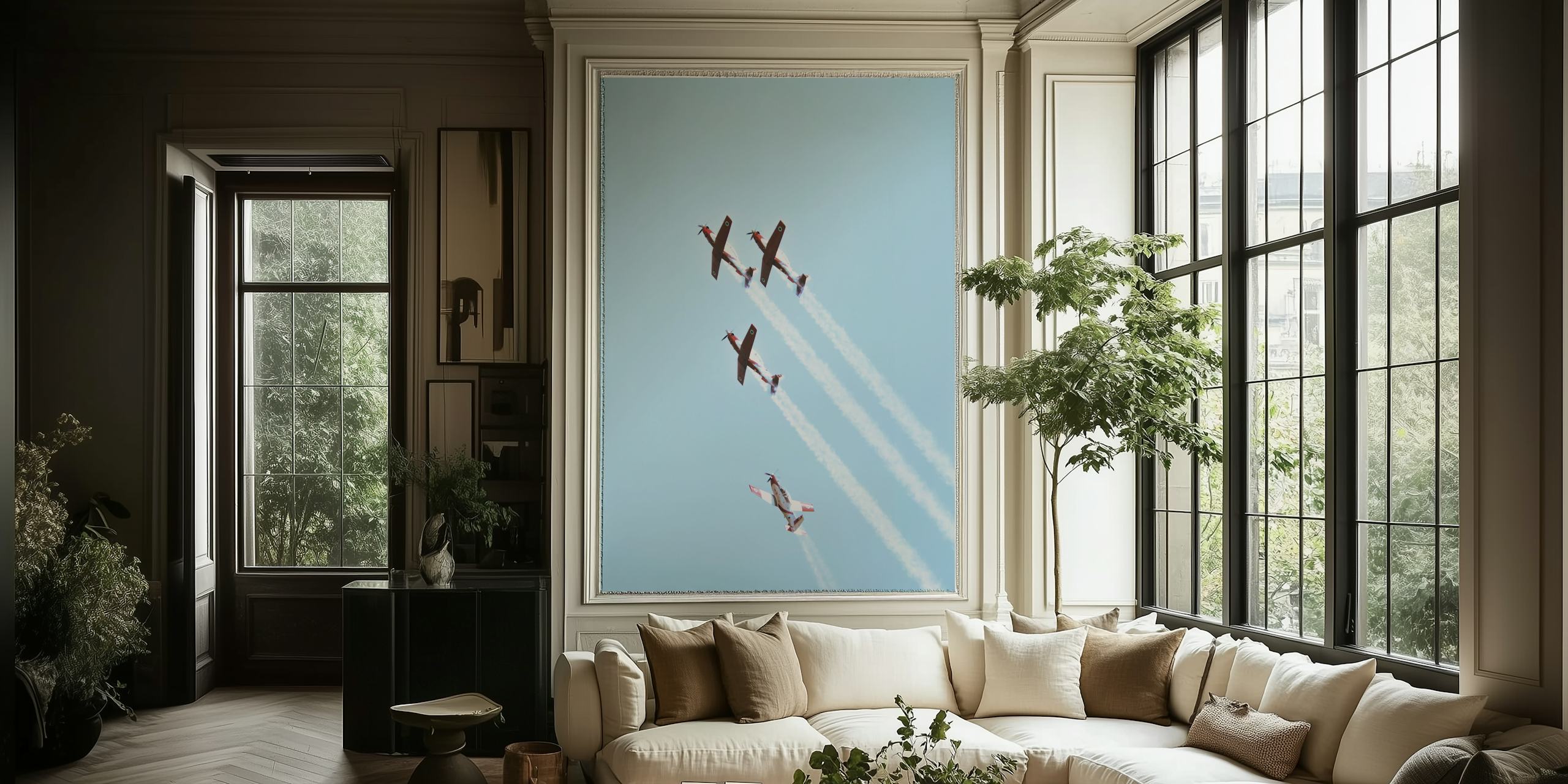 Vintage aircraft wall mural showcasing a formation of planes against a light blue sky with vapor trails.