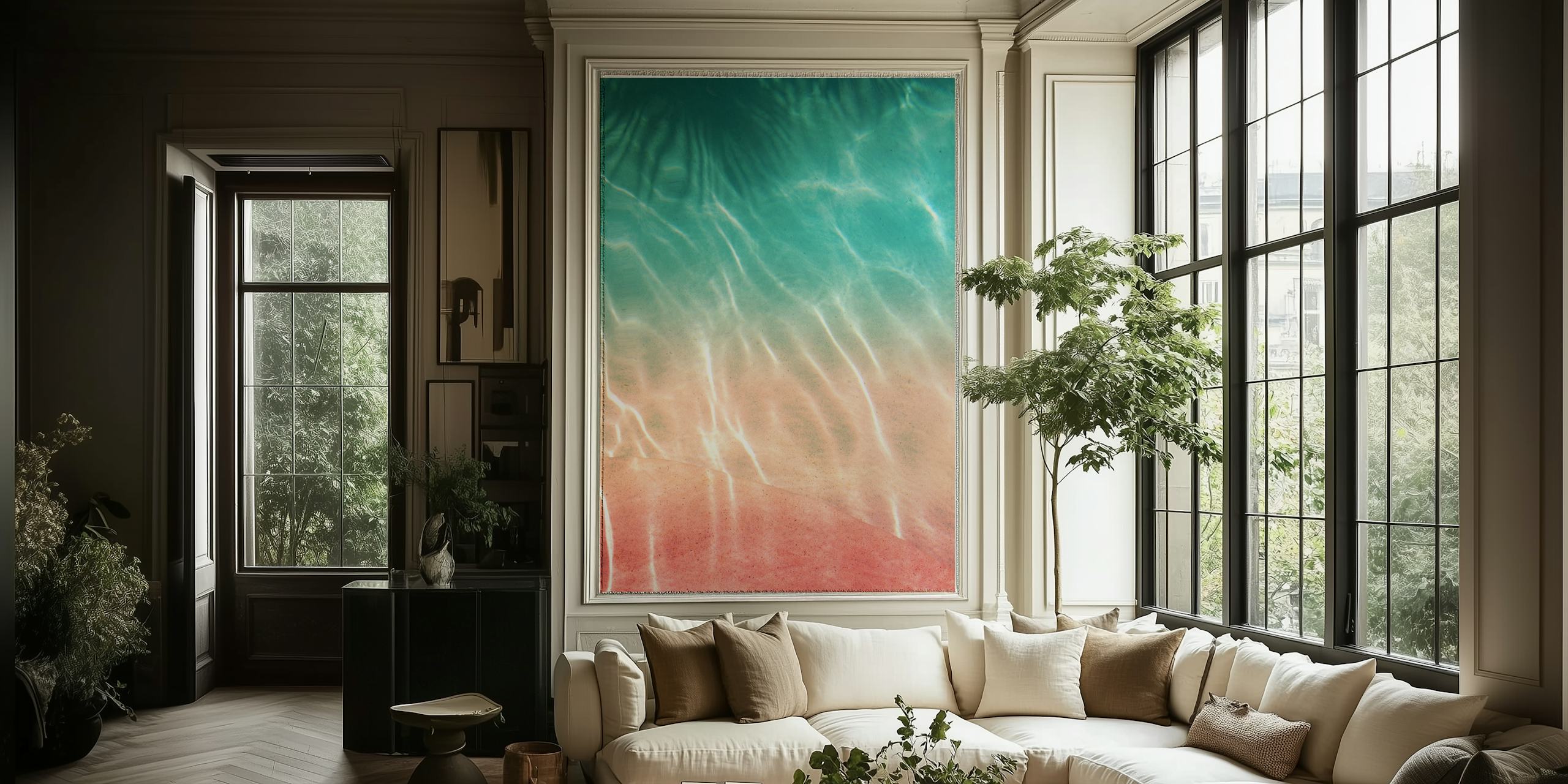 Mural de pared de agua de piscina de inspiración caribeña con un degradado de turquesa a rosa.