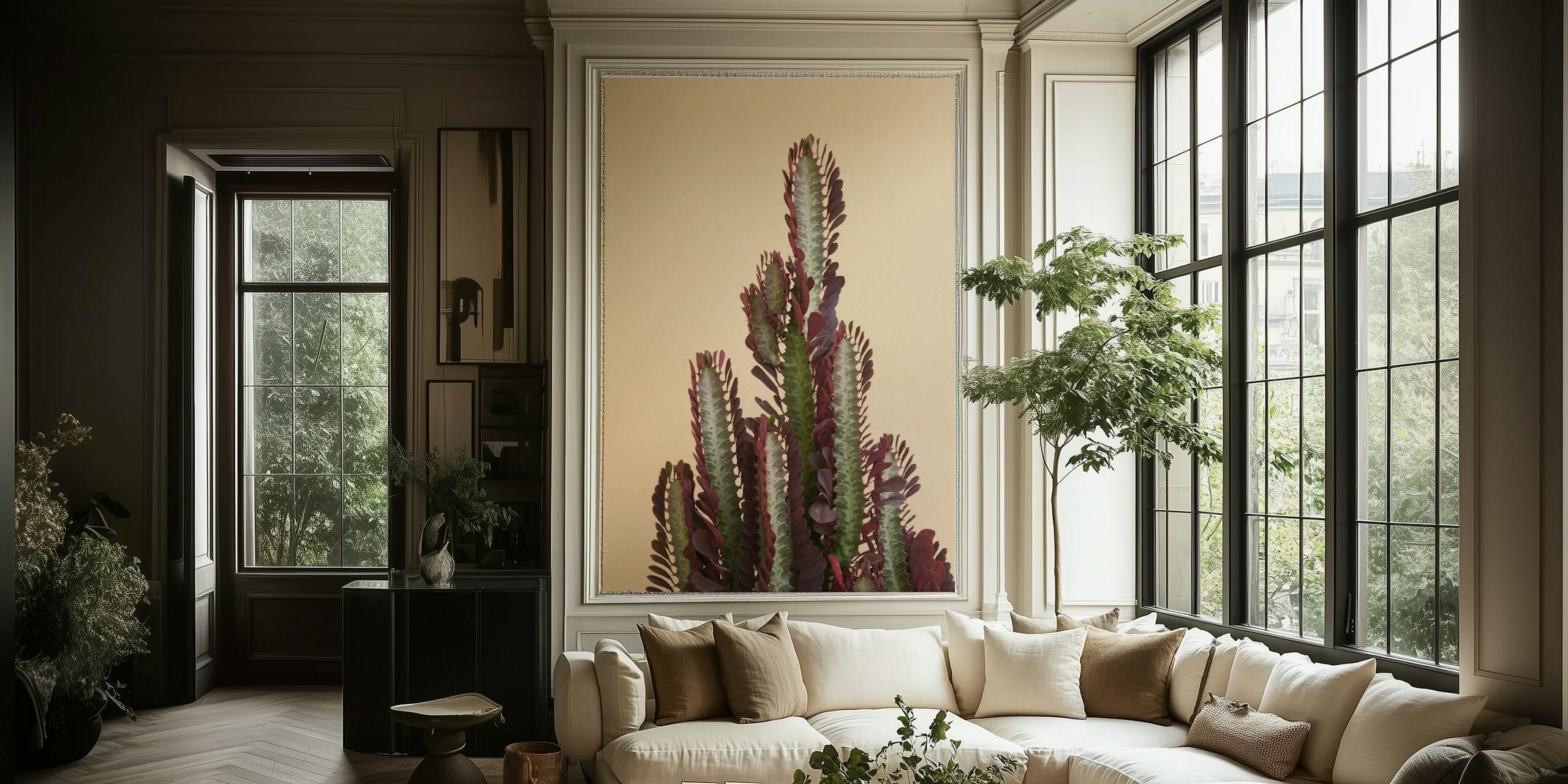 Cactus plant with purple and green leaves on beige background wallpaper