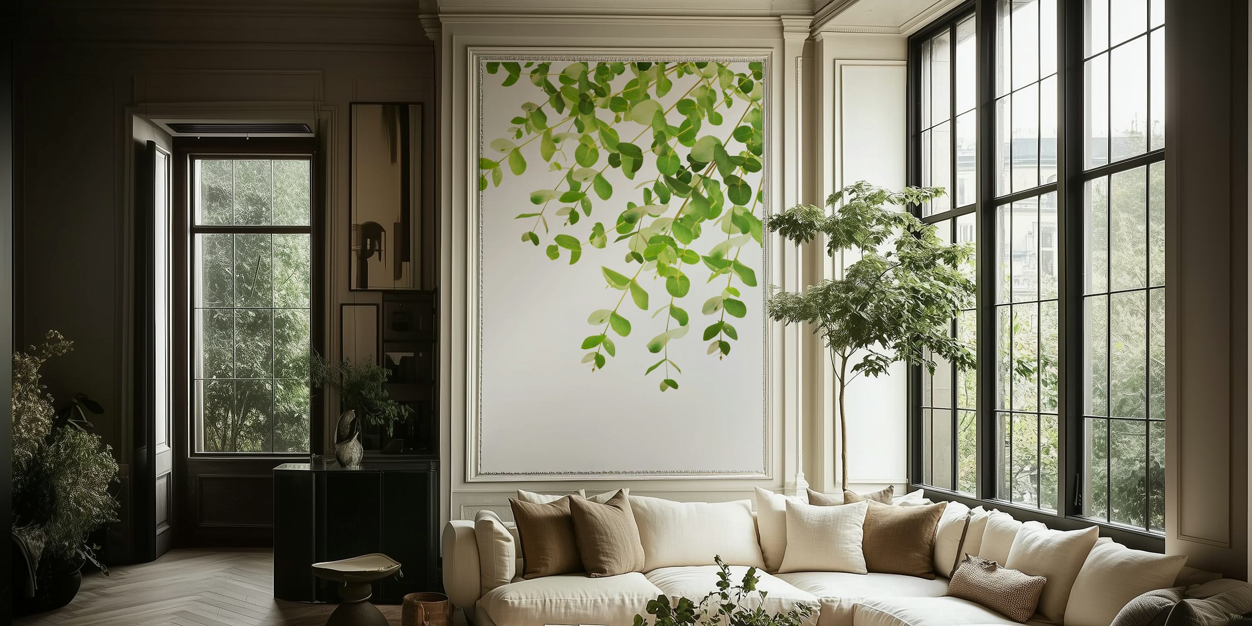 Eucalyptus branches with fresh green leaves against a bright background wall mural