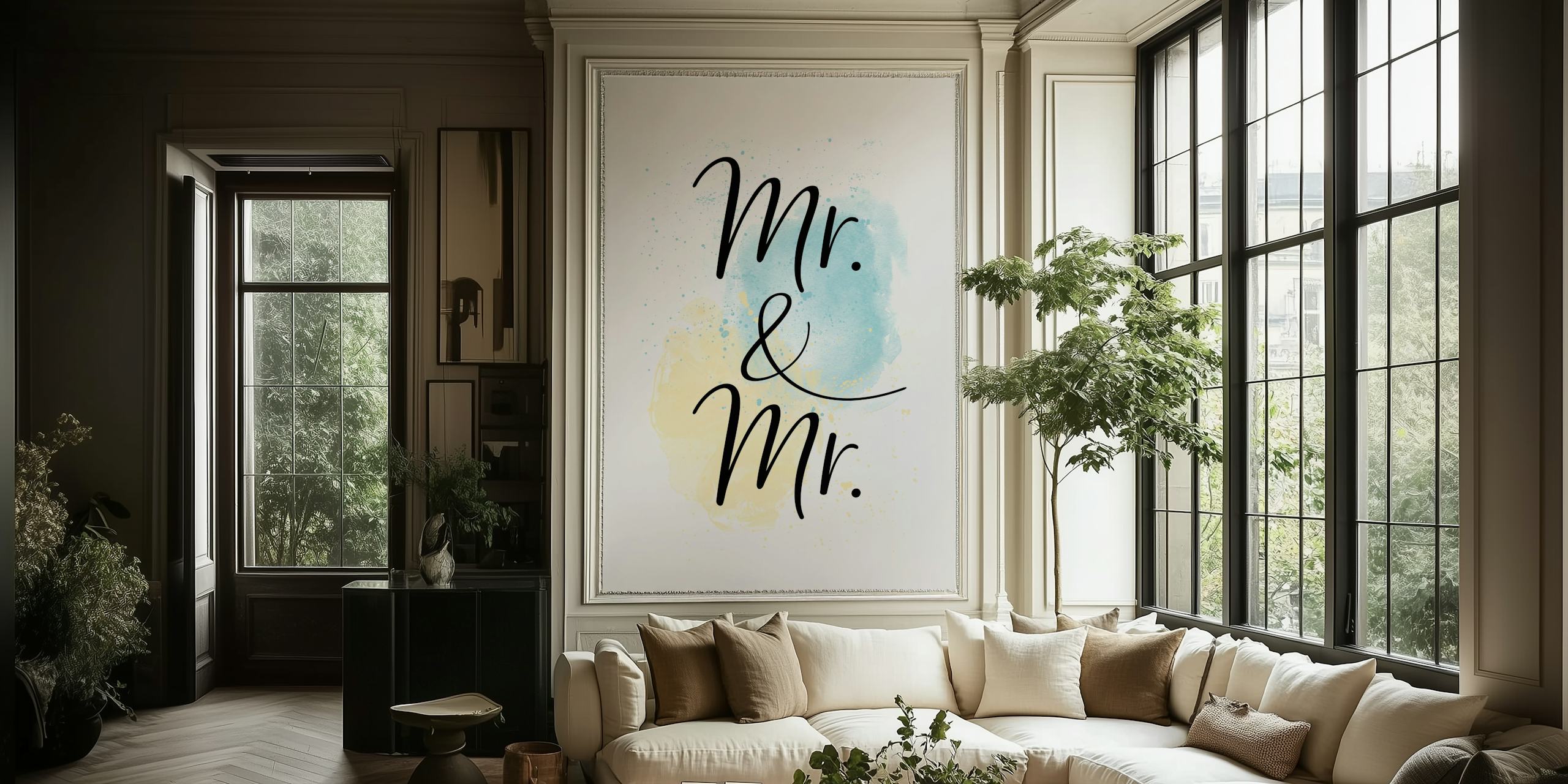 Calligraphy 'Mr & Mr' in blue and beige watercolor wallpaper