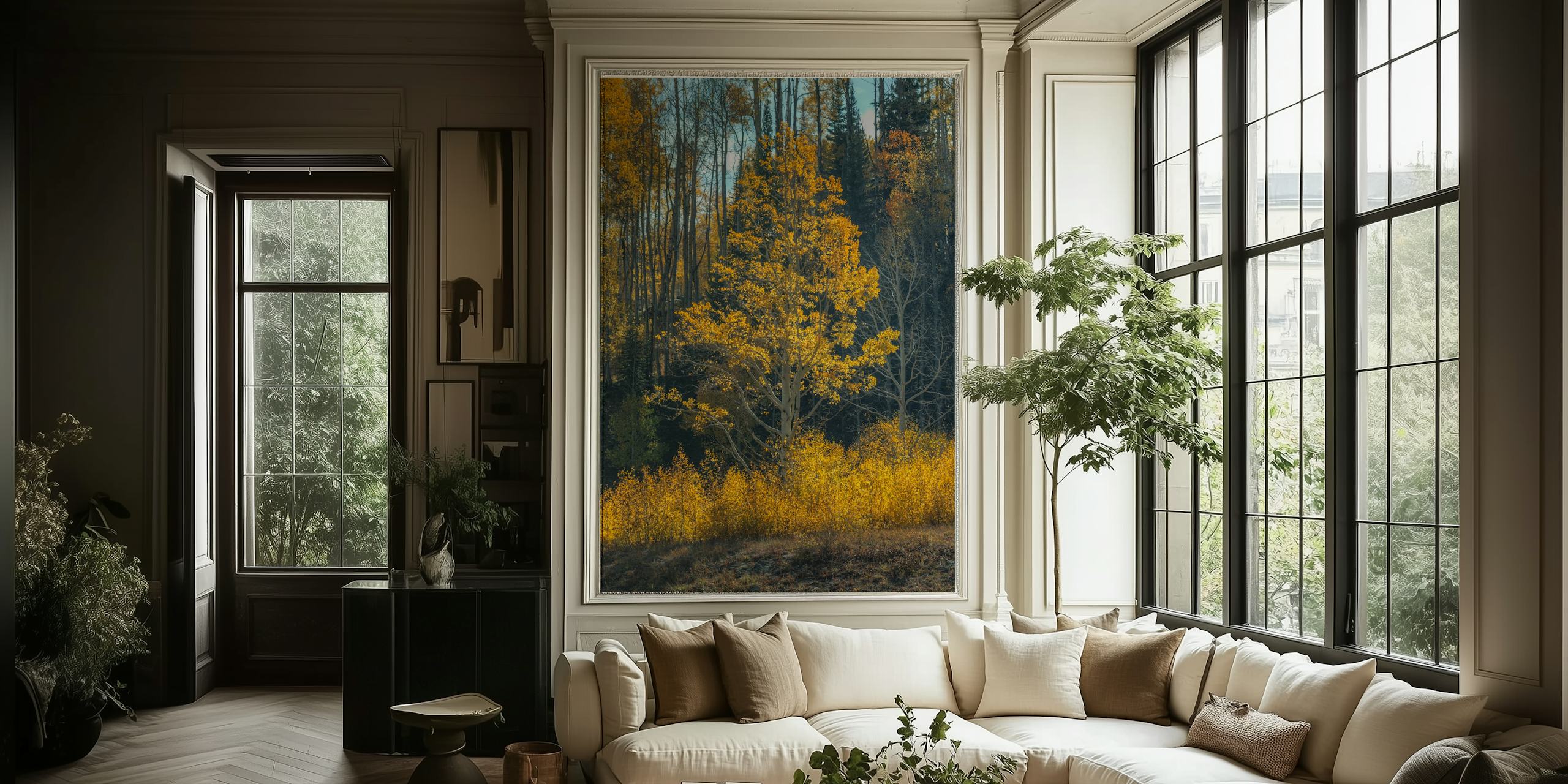 Yellow autumn tree with golden leaves and dark forest background wallpaper