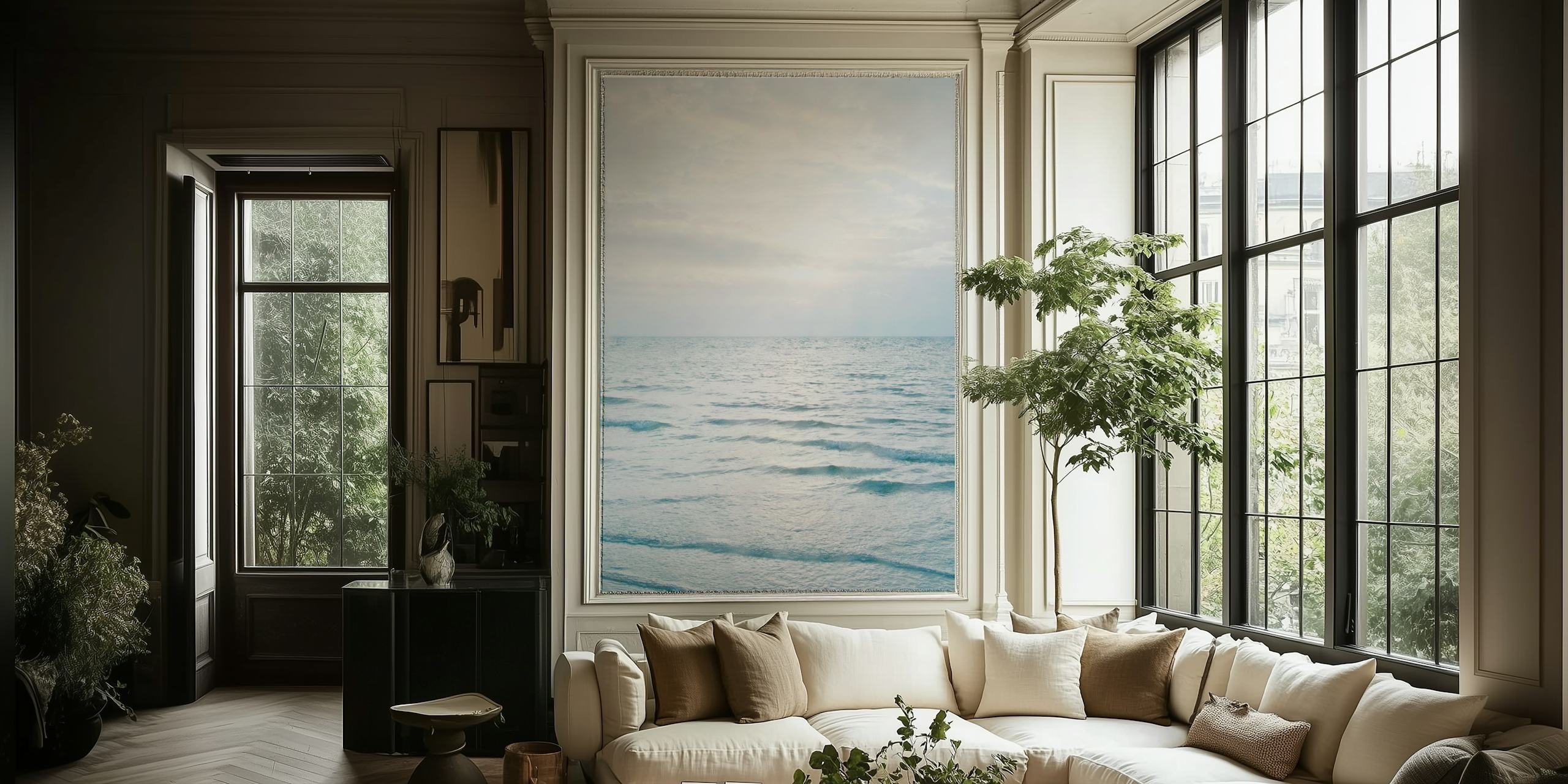 Calm ocean waves at sunrise with soft blue tones wallpaper