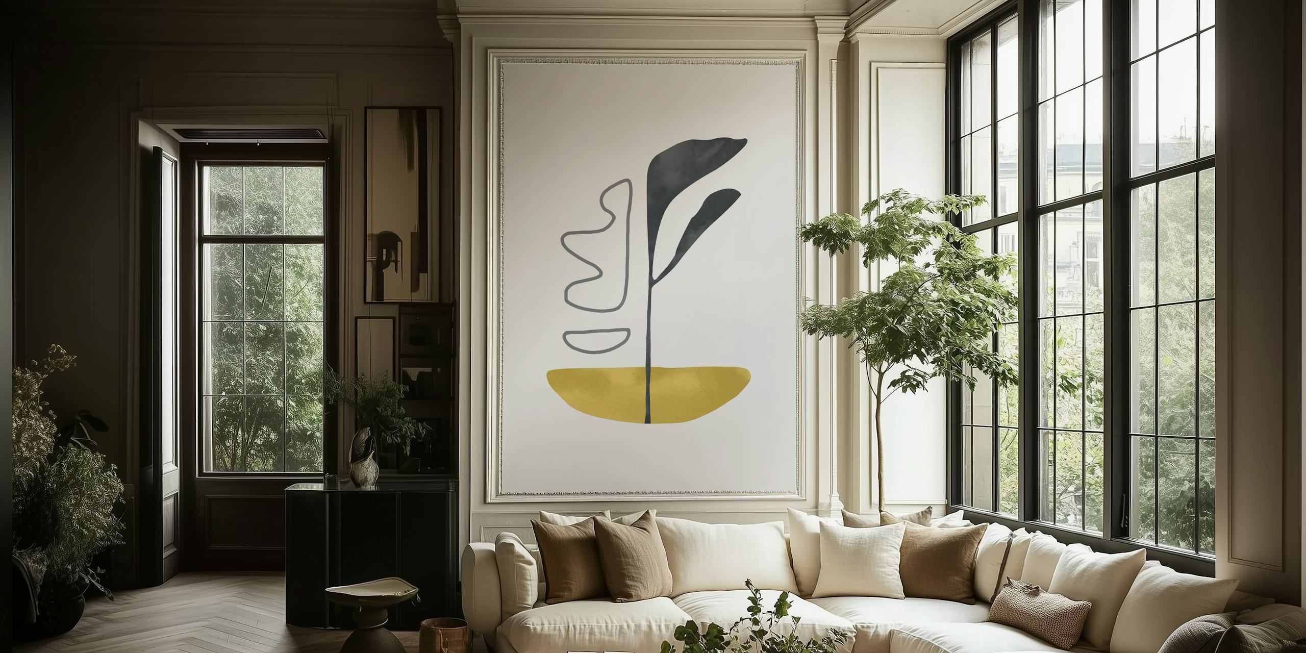 Carta da parati astratta Yellow Leaf con una singola foglia stilizzata in tonalità scure su sfondo bianco